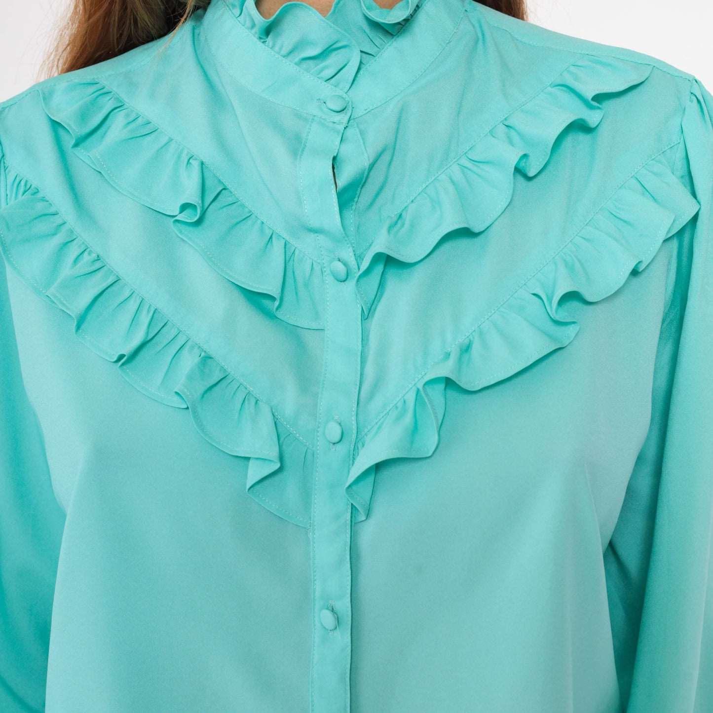 70s Pykettes Turquoise Puff Sleeve Button-Up Blouse Ruffled High Neck Medium