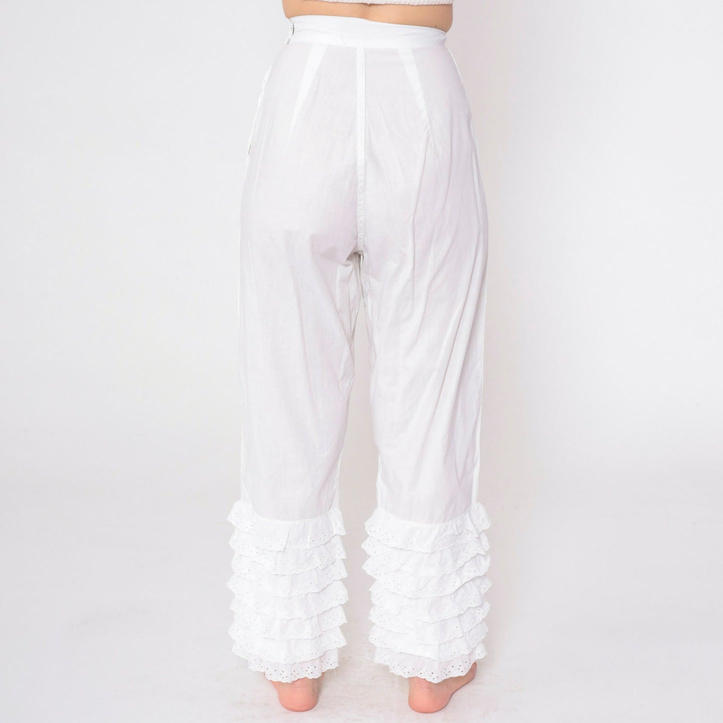 60s White Eyelet Ruffled Pantaloons High Waist Cotton Petti Pants Extra Small