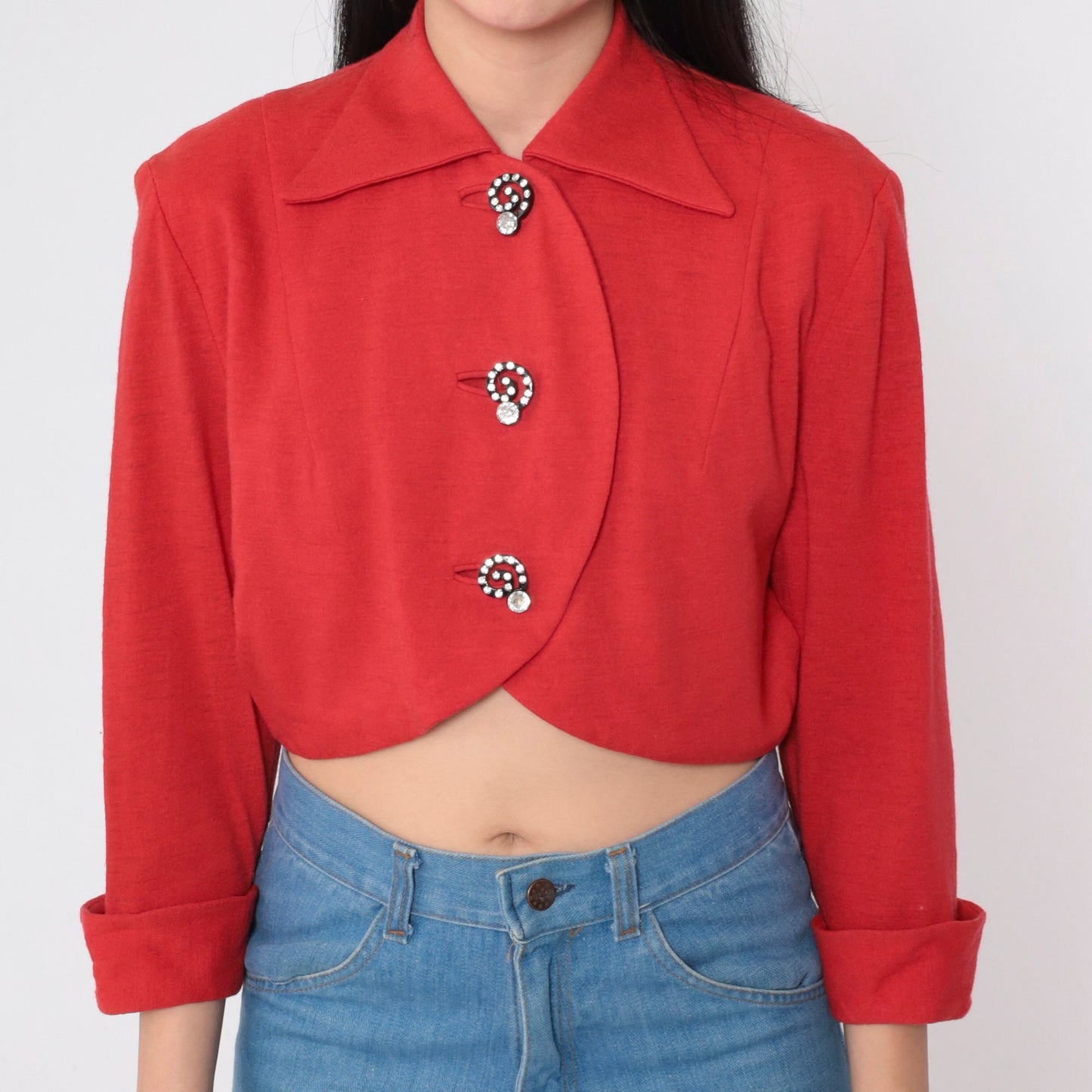 60s Red Wool Cropped Blazer Jacket Rhinestone Buttons 3/4 Sleeve Small S