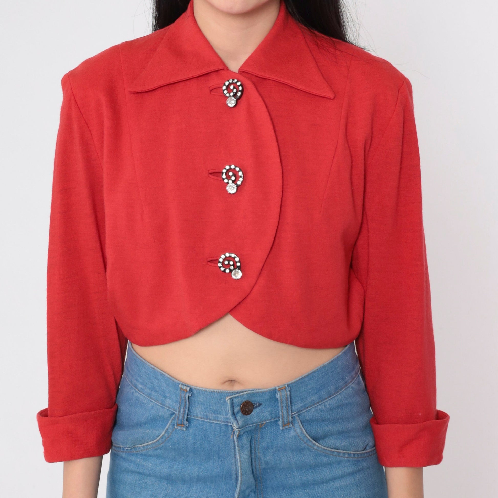 60s Red Wool Cropped Blazer Jacket Rhinestone Buttons 3/4 Sleeve Small S