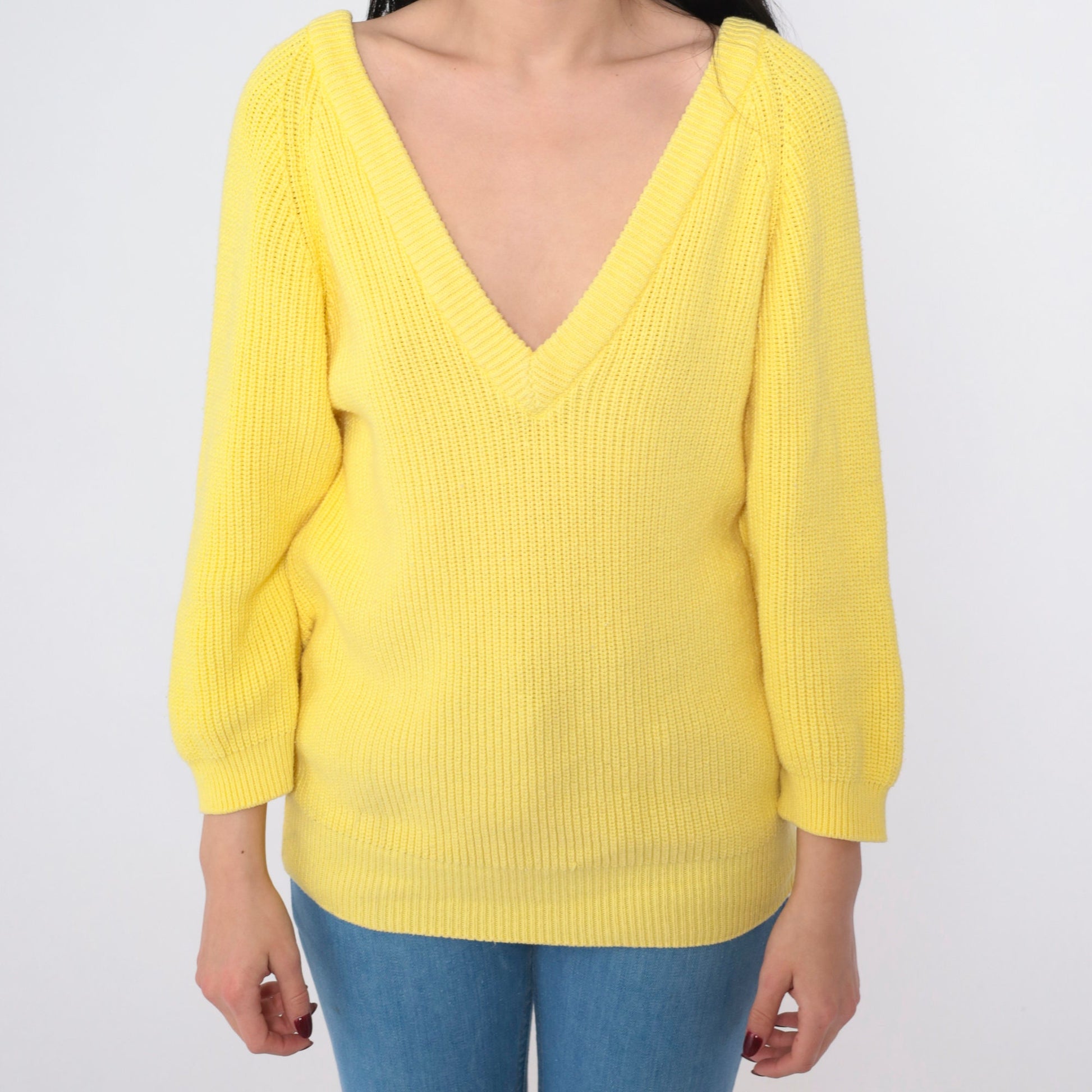 80s Yellow Cotton V-Neck Pullover Sweater Small S