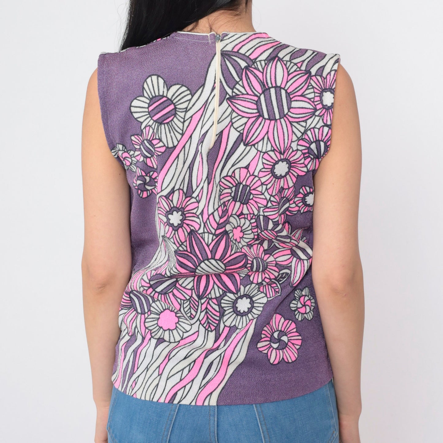 70s Purple Floral Tank Top Mod Flower Print Sleeveless Blouse Medium