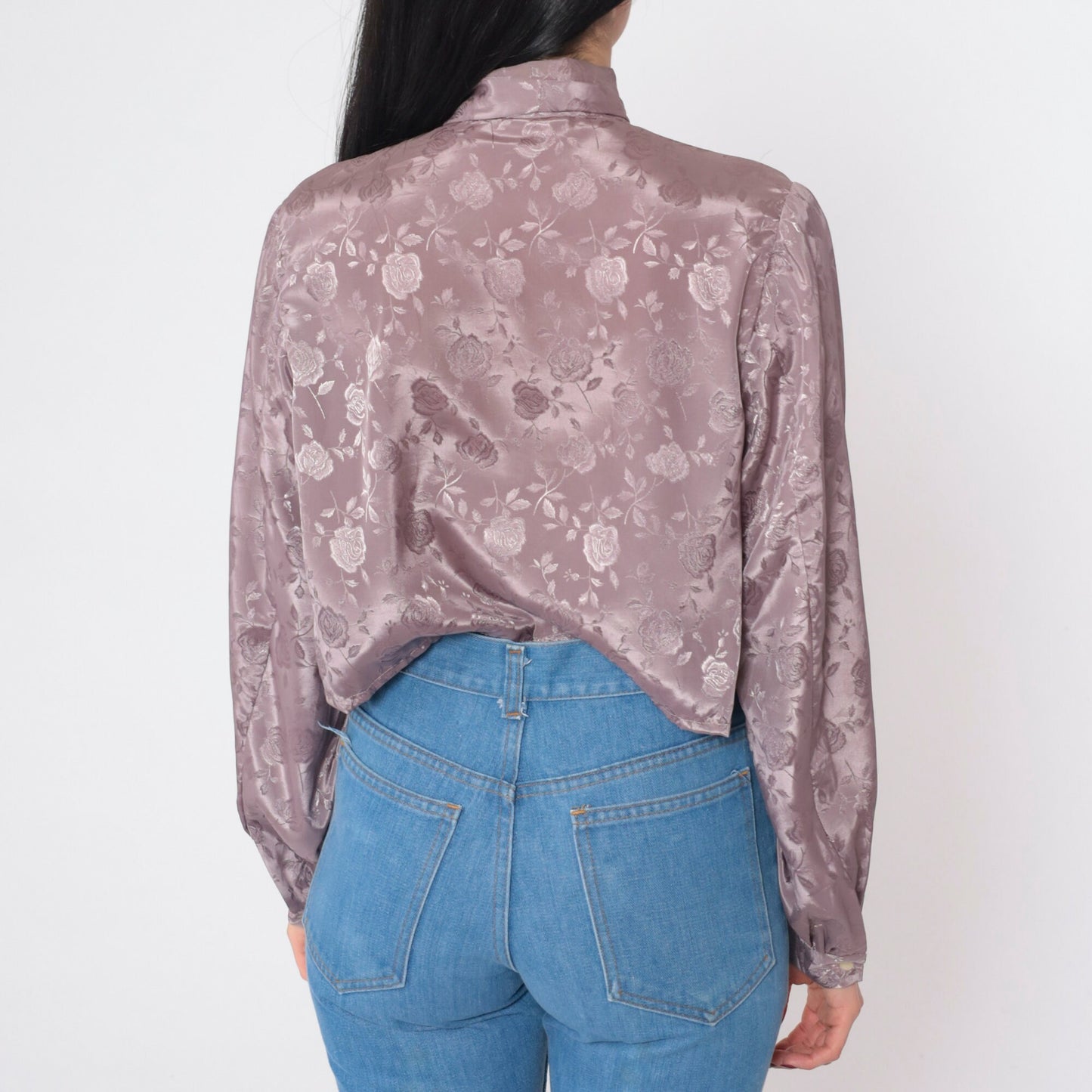 70s Purple Floral Ascot Blouse Embossed Button-Up Crop Top Long Sleeve Medium