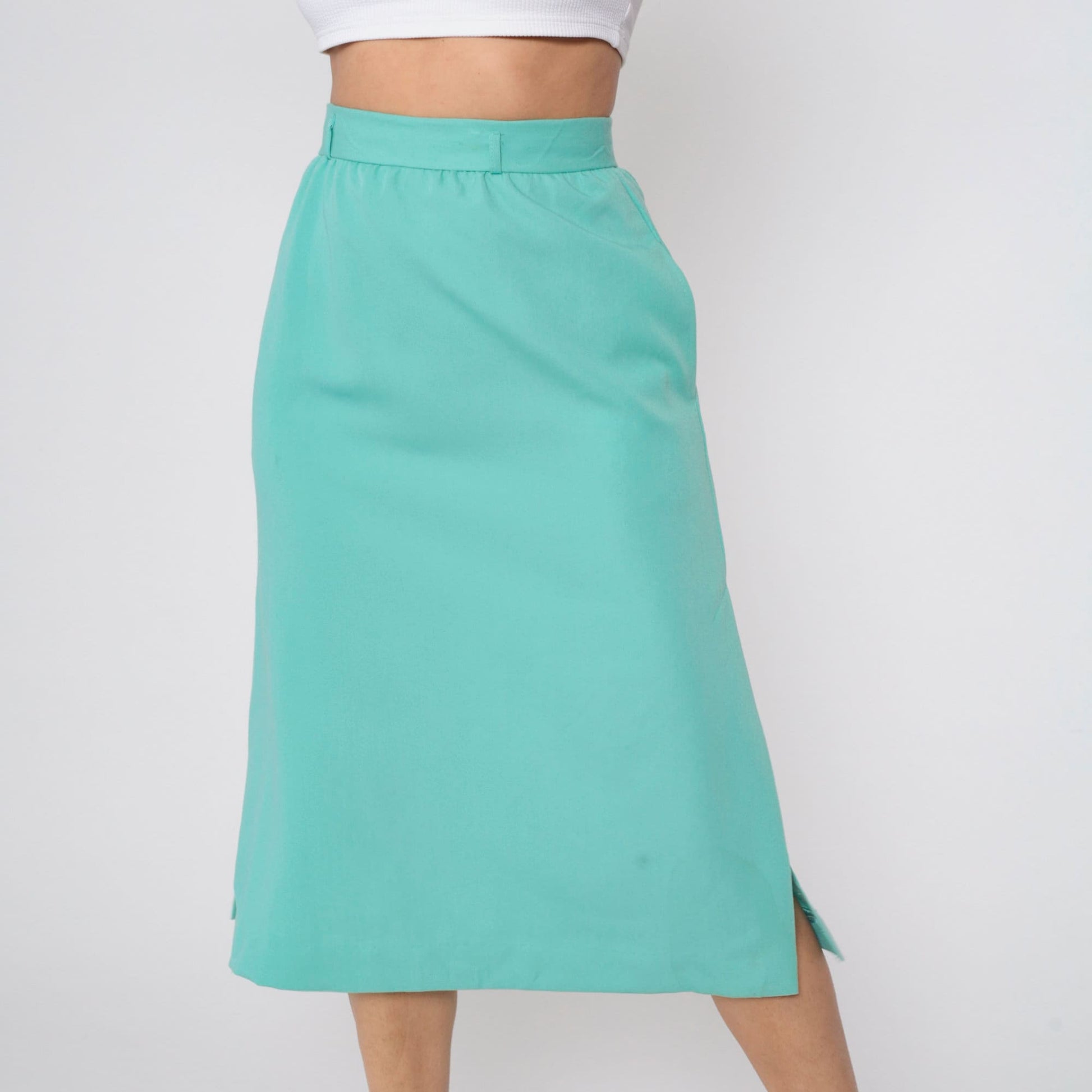 80s Seafoam Midi Pencil Skirt High Waist Side Slit Small