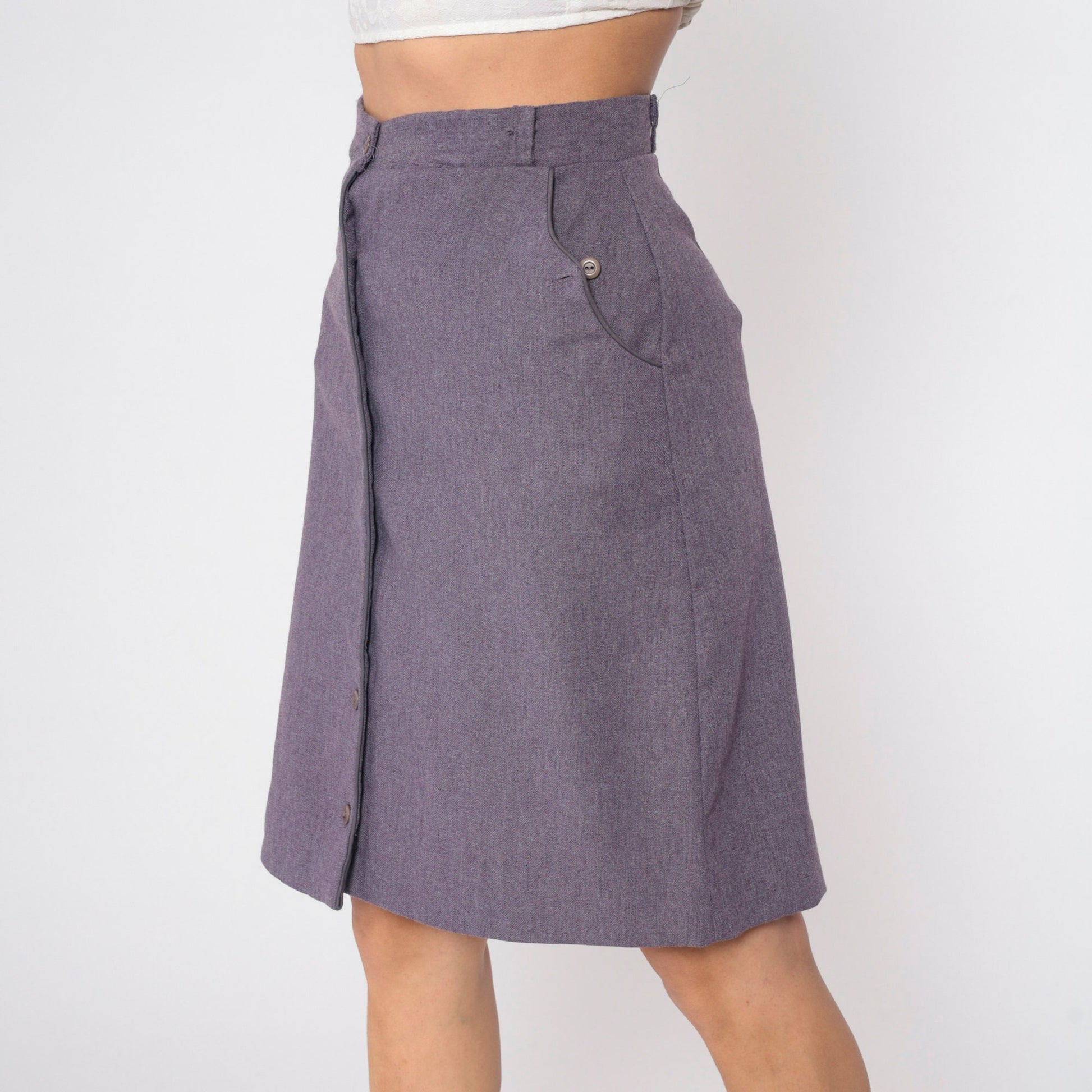 80s Purple Button-Front Pencil Skirt High Waist Knee Length Medium