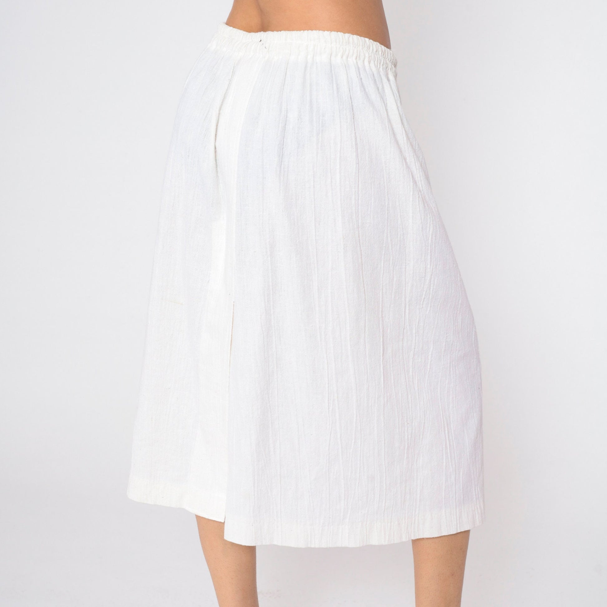 90s White Gauze Midi Skirt High Elastic Waist Crinkled Medium Large