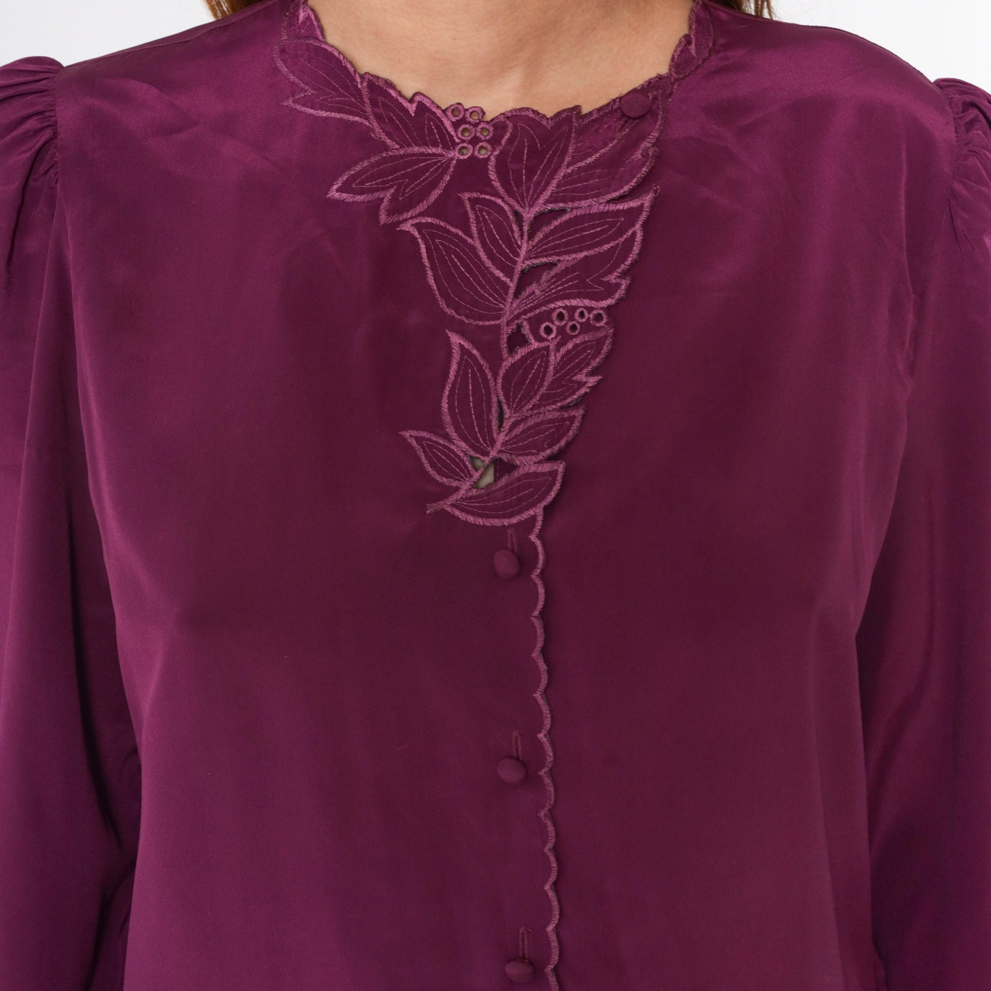 80s Purple Satin Blouse Puff Sleeve Embroidered Cutwork Button-Up Large