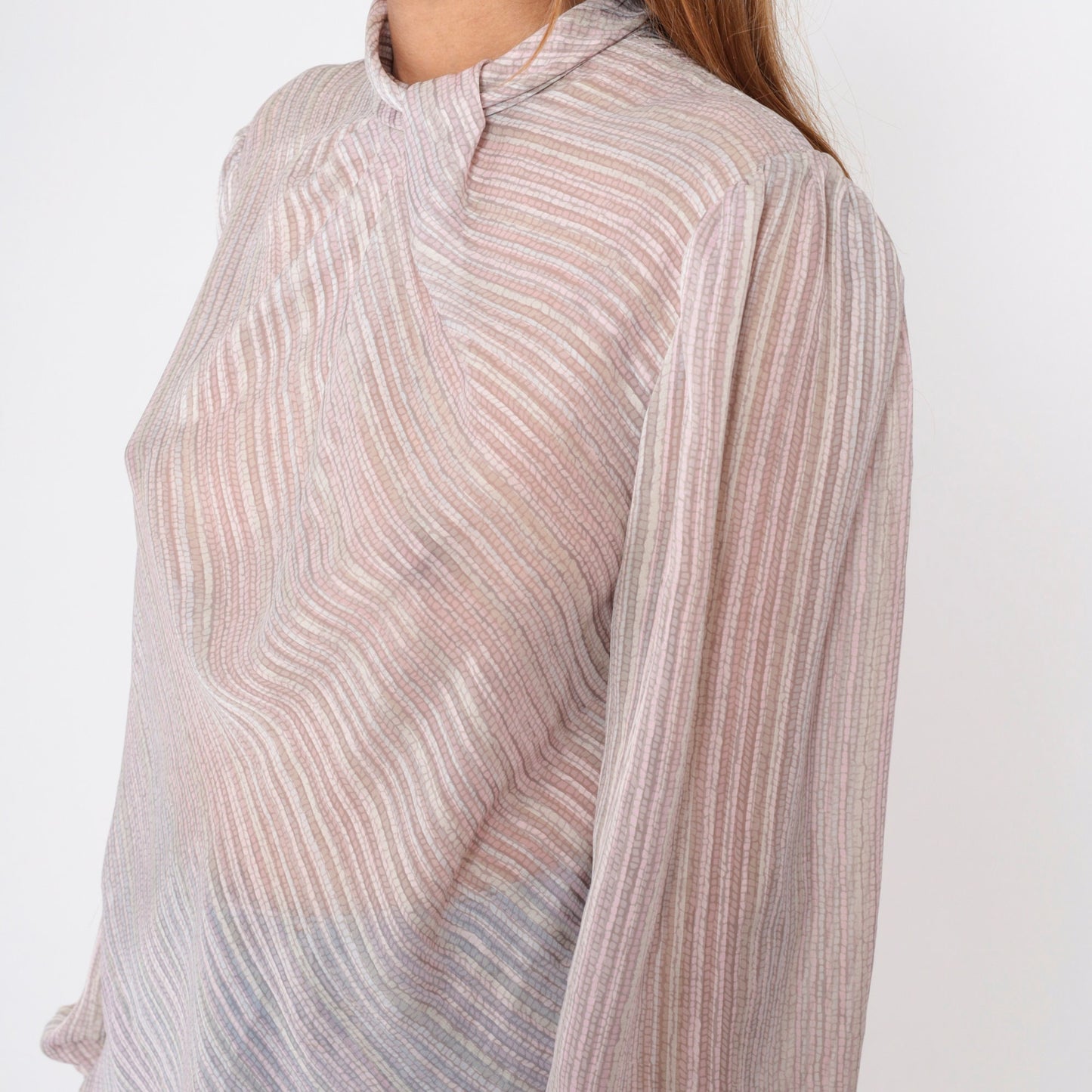 80s Sheer Striped Cowl Neck Blouse Puff Sleeve Button Back Grey Pink Medium