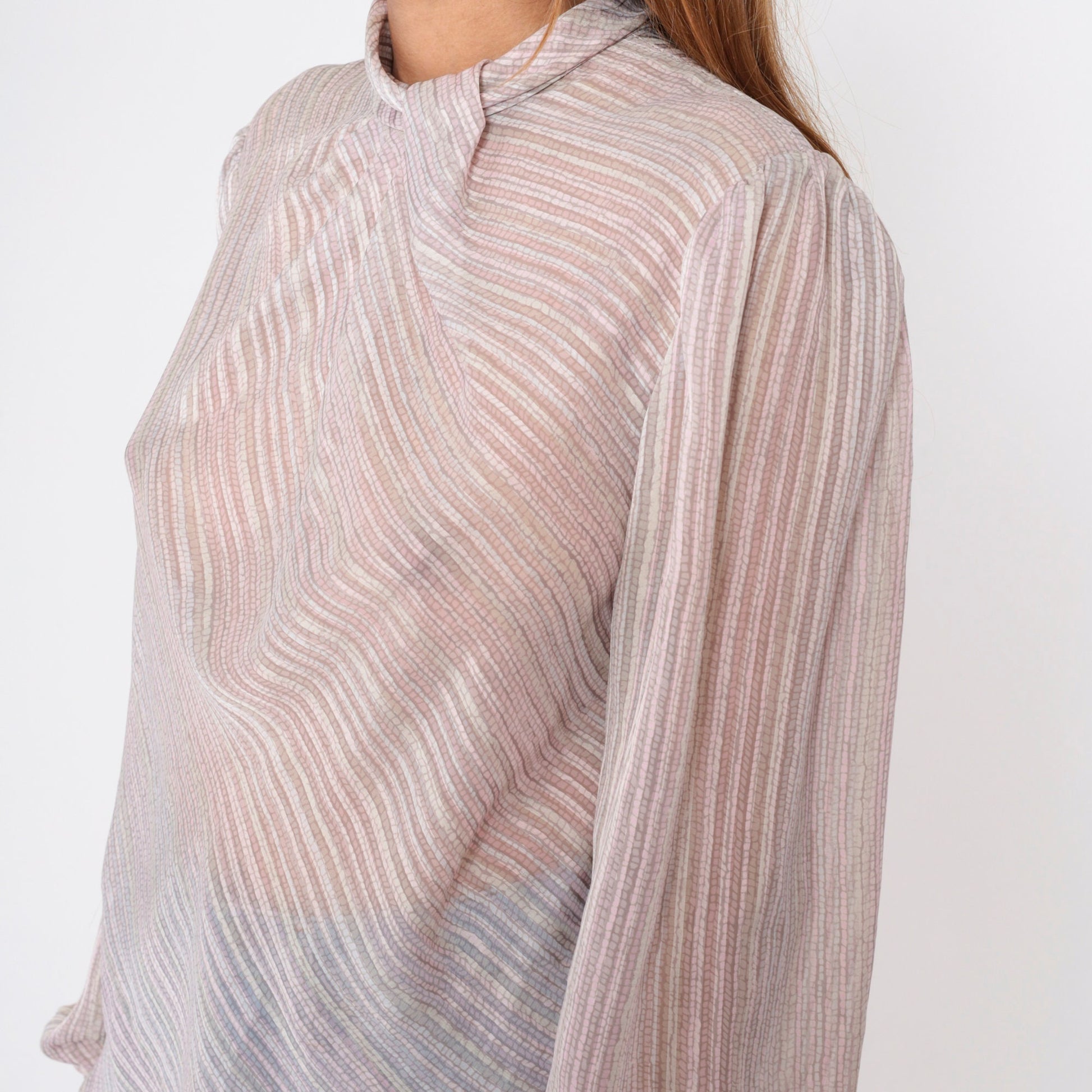 80s Sheer Striped Cowl Neck Blouse Puff Sleeve Button Back Grey Pink Medium