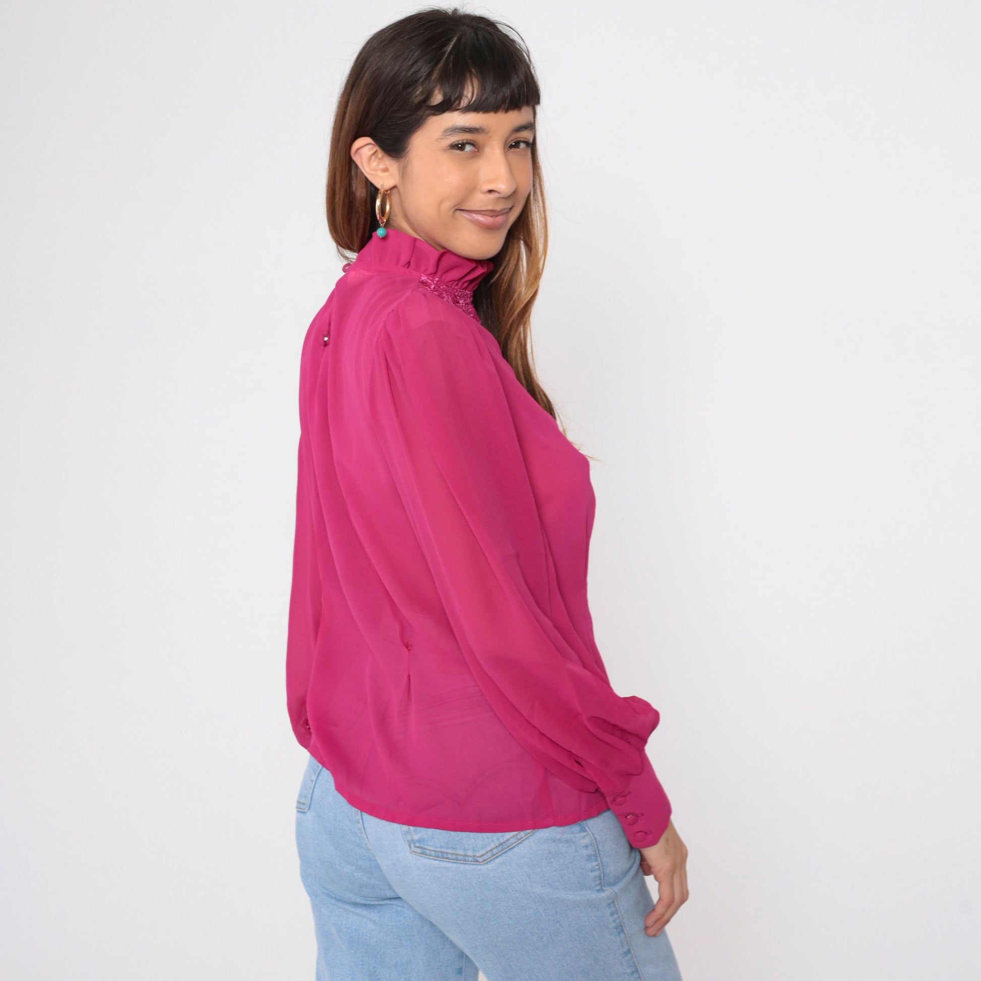 80s Fuchsia Embroidered Chiffon Blouse Puff Sleeve Floral Cutout Medium