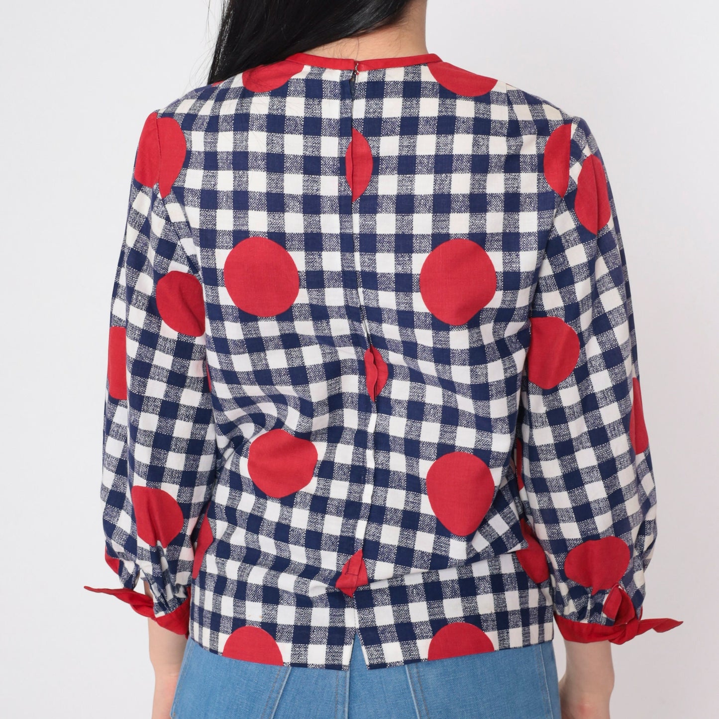 60s Mod Gingham Polka Dot Puff Sleeve Blouse Blue White Red Bow Cuffs Small