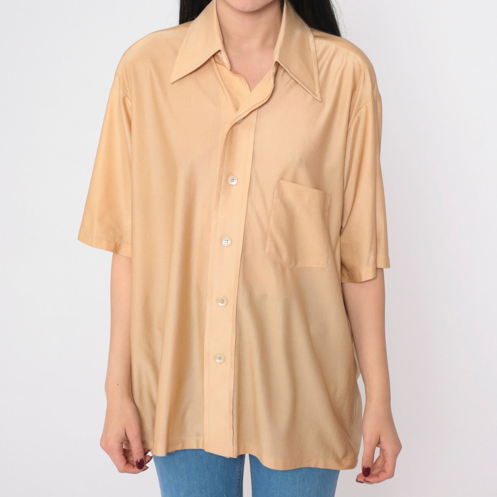 70s Ohrbach's Tan Nylon Button-Up Shirt Pointed Collar Short Sleeve Large