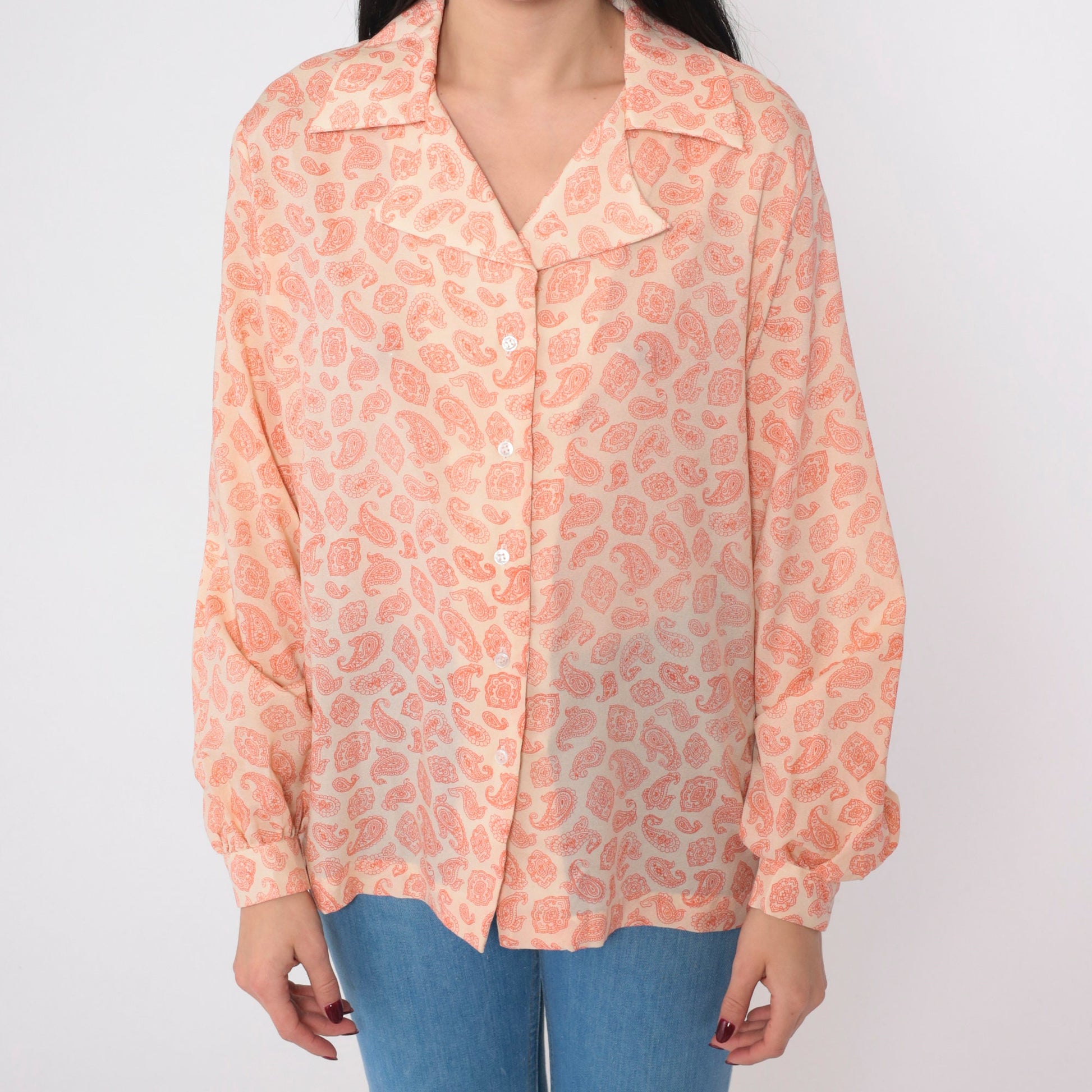 70s Paisley Button-Up Blouse Long Sleeve Notched Collar Disco Print Large L