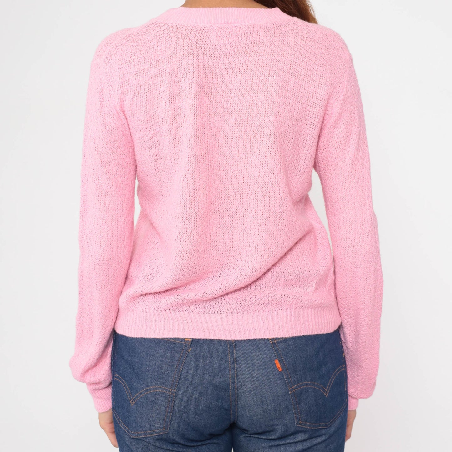 80s Bel Ami Pink V-Neck Knit Sweater Semi-Sheer Pullover Small