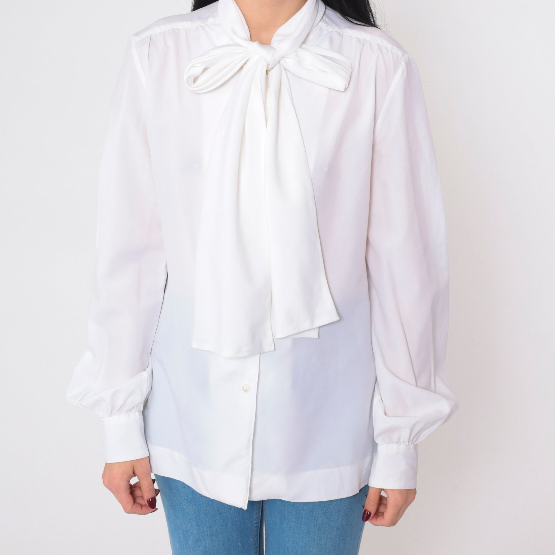 80s Evan Picone White Button-Up Blouse Attached Necktie Long Sleeve Large