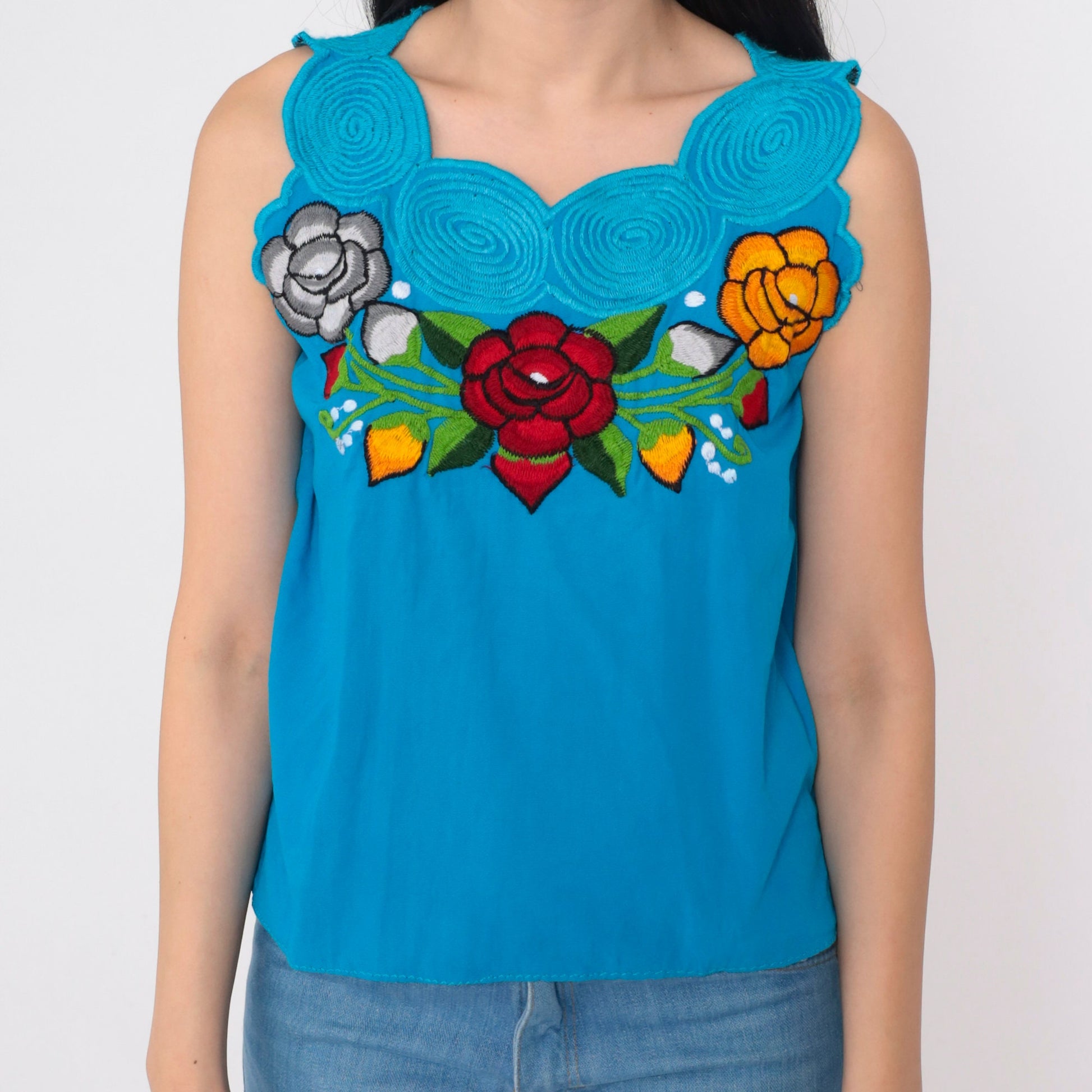 90s Mexican Embroidered Floral Tank Top Blue Scalloped Neckline Small