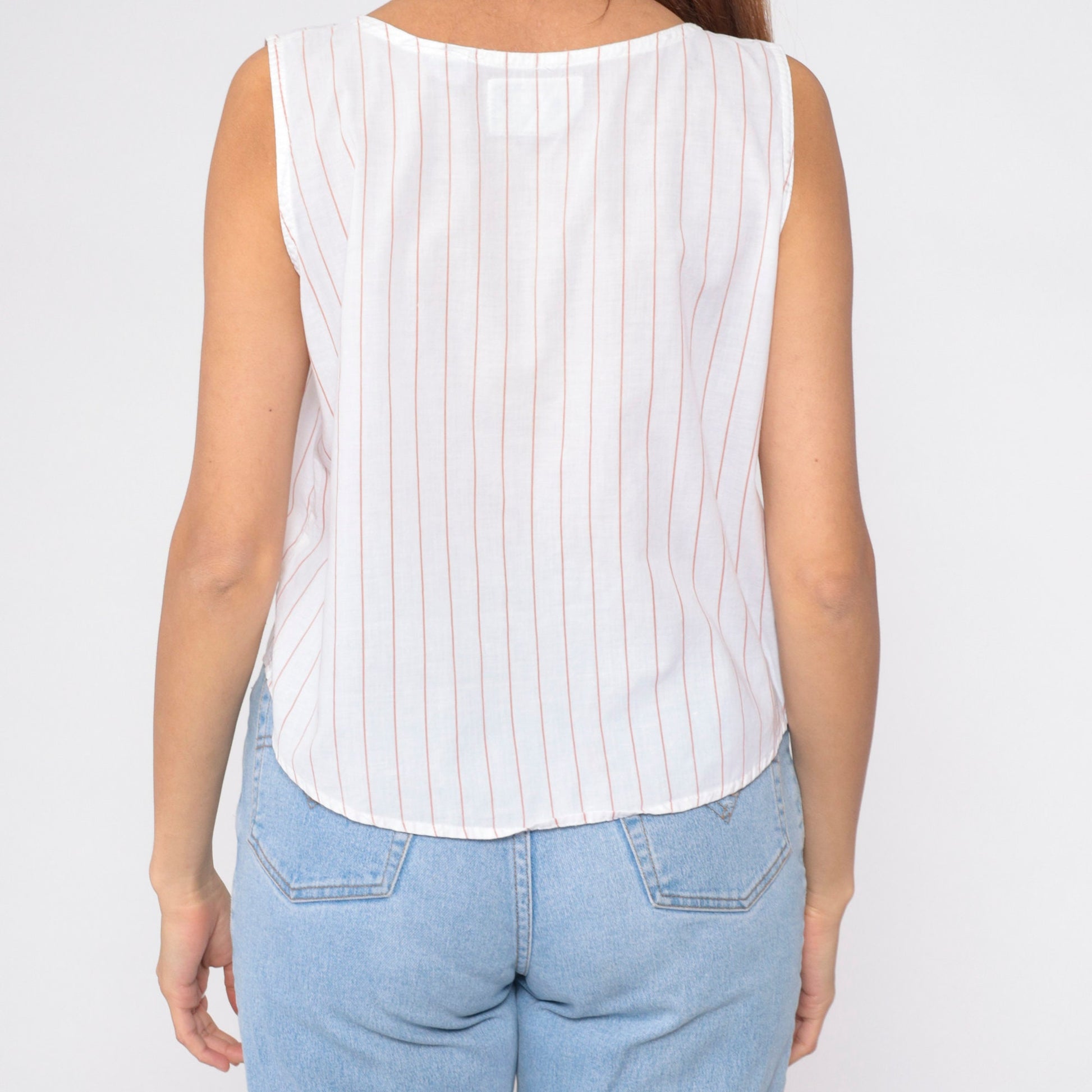 80s Striped Henley Tank Top White Tan Button-Up Scoop Neck Cotton Medium