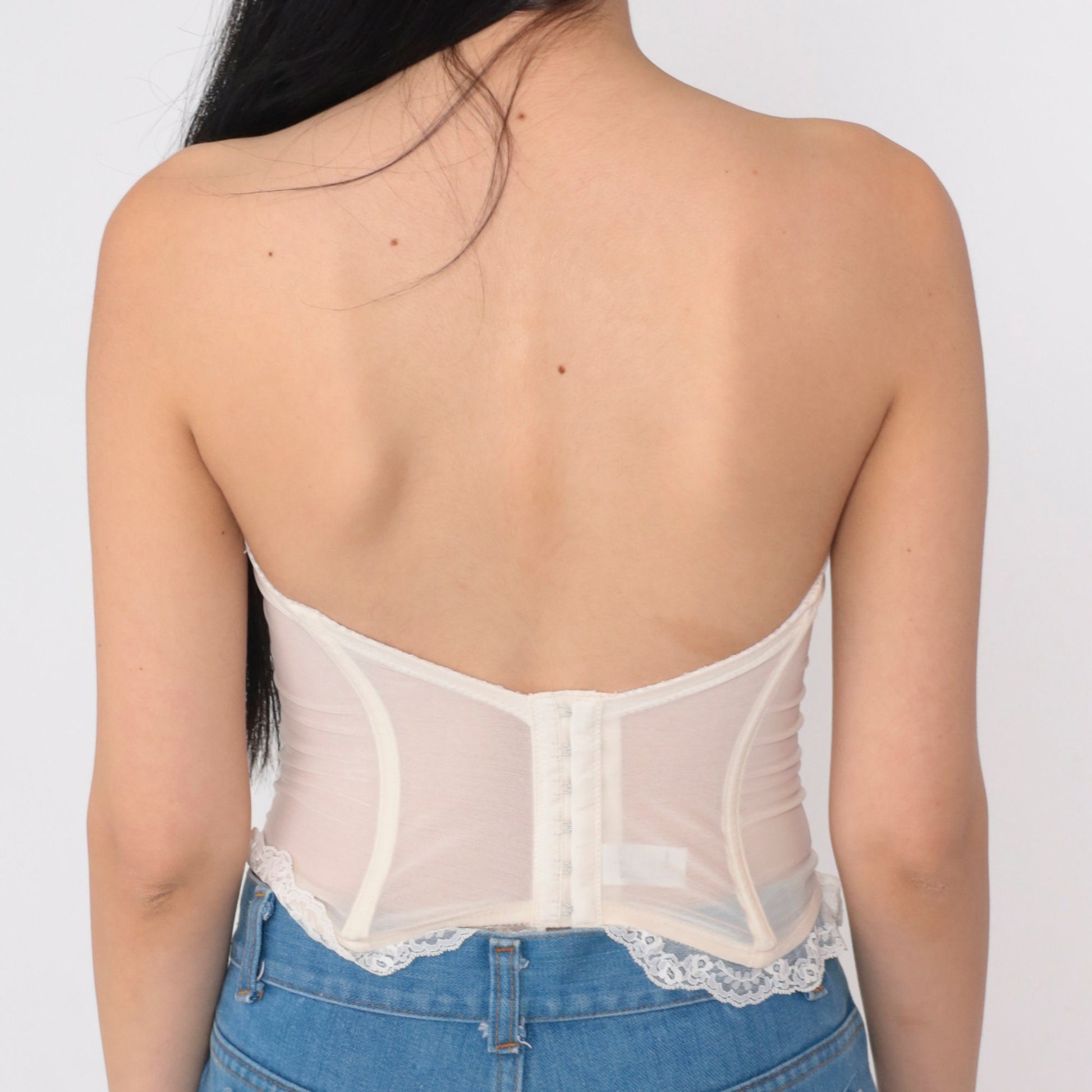 90s White Floral Lace Bustier Bra Strapless Underwire Sweetheart Neckline 36B