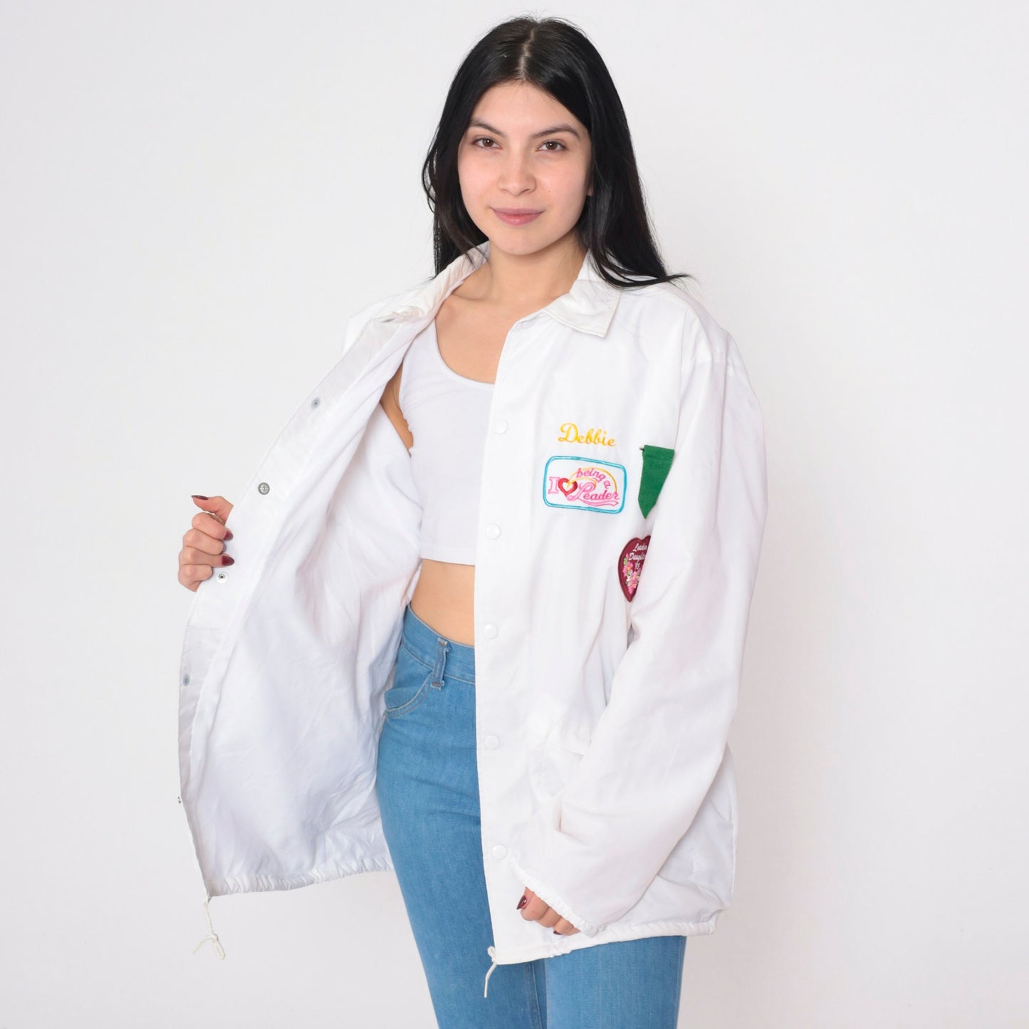 90s Girl Scout Leader White Snap Jacket Debbie Patch Nylon Large L