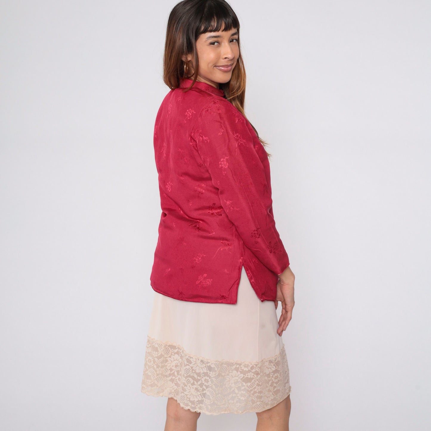 80s Red Floral Asian-Inspired Jacket Quilted Down-Fill Knot Buttons Small