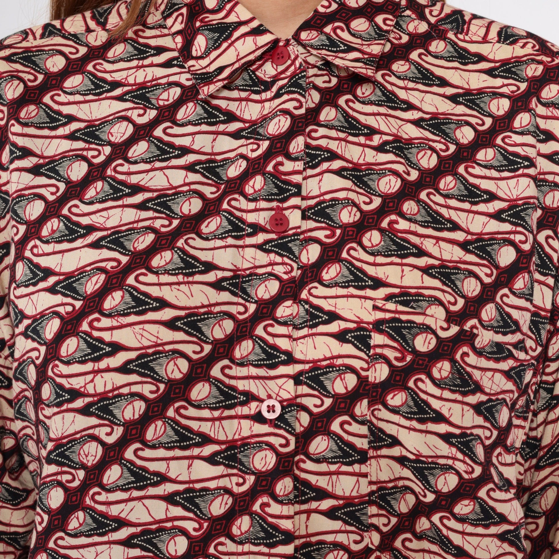 90s Geometric Abstract Button Up Blouse Red Tan Patterned Medium