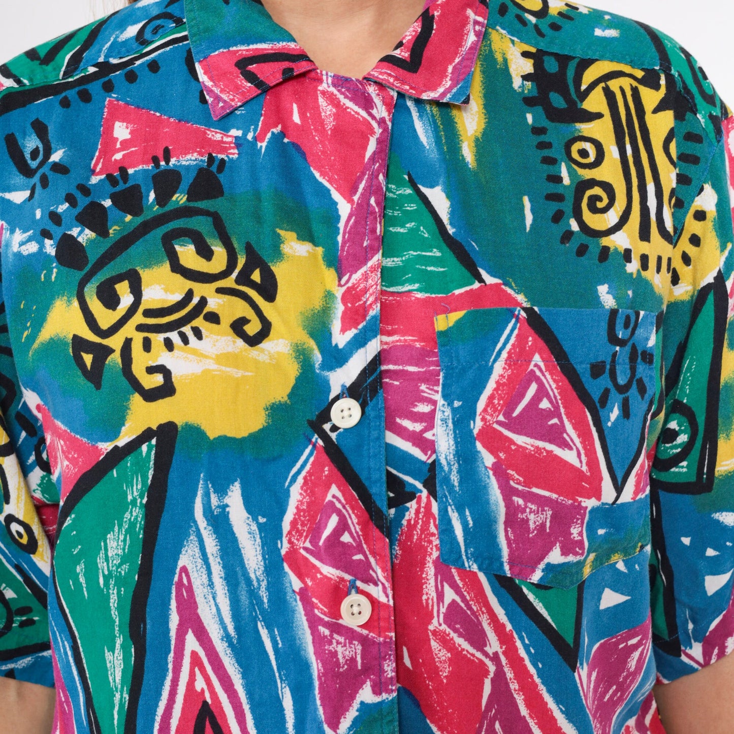 90s Blue Rose Geometric Celestial Print Button Up Shirt Large