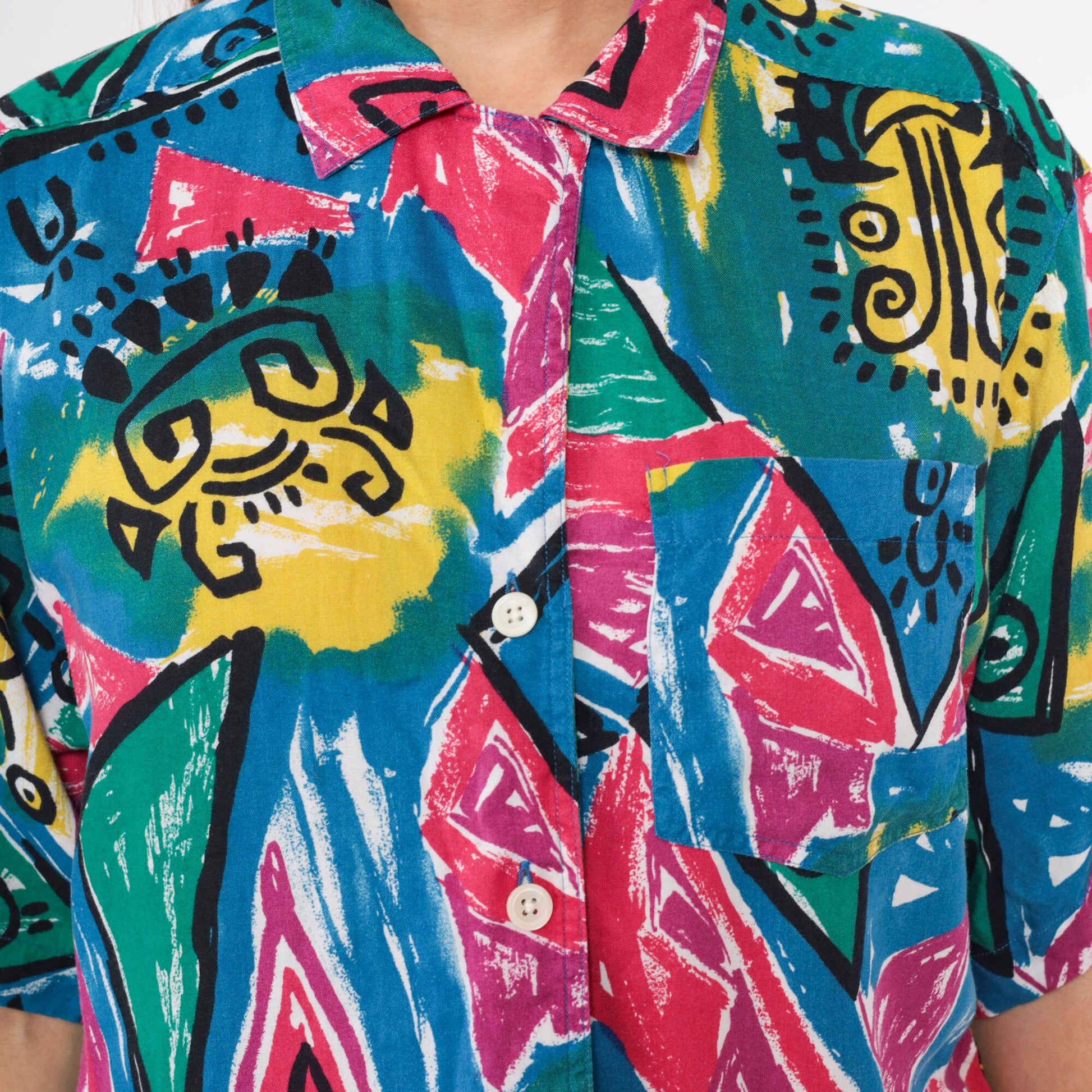 90s Blue Rose Geometric Celestial Print Button Up Shirt Large