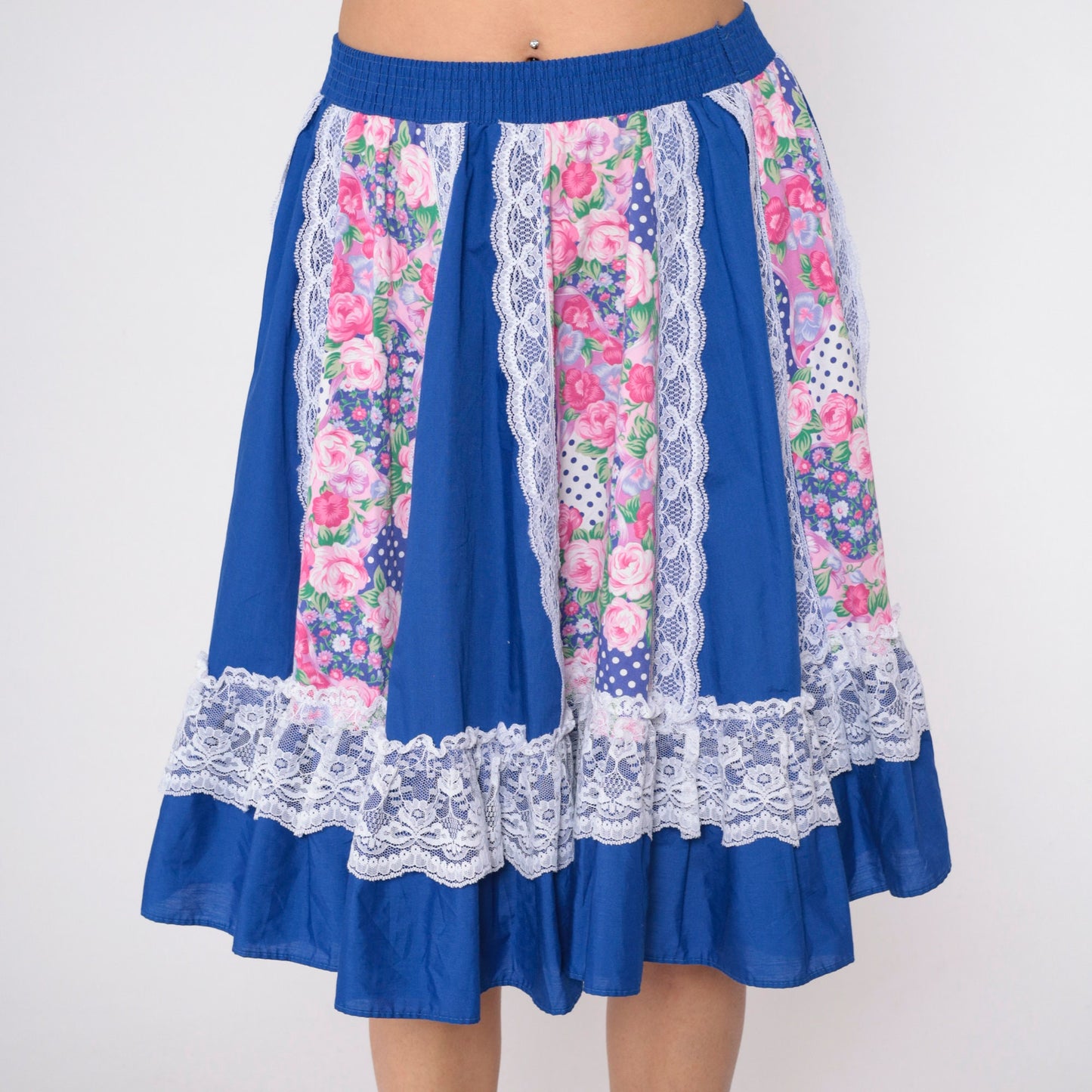 80s Blue Floral Prairie Skirt High Waist Tiered Lace Trim Mini Small