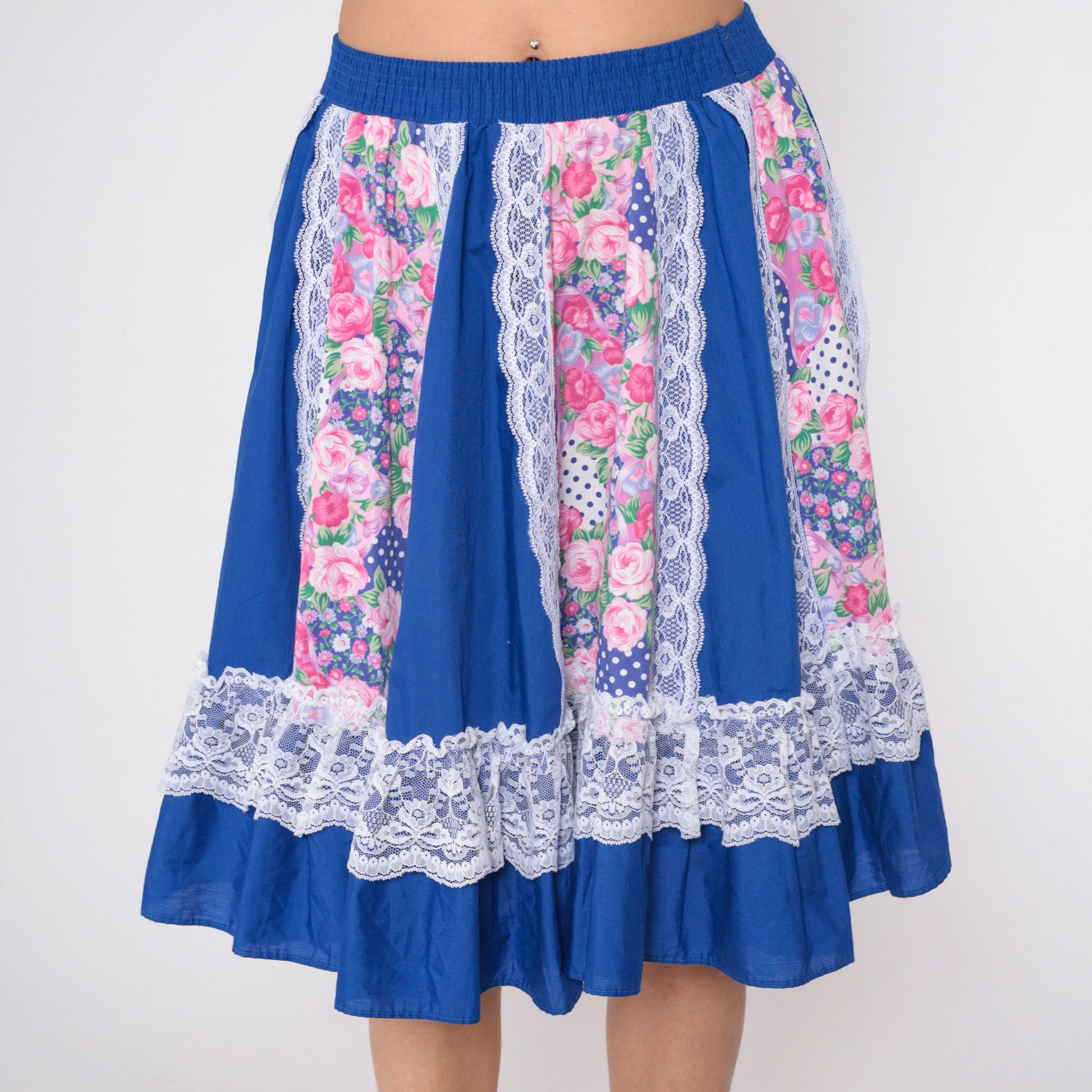 80s Blue Floral Prairie Skirt High Waist Tiered Lace Trim Mini Small