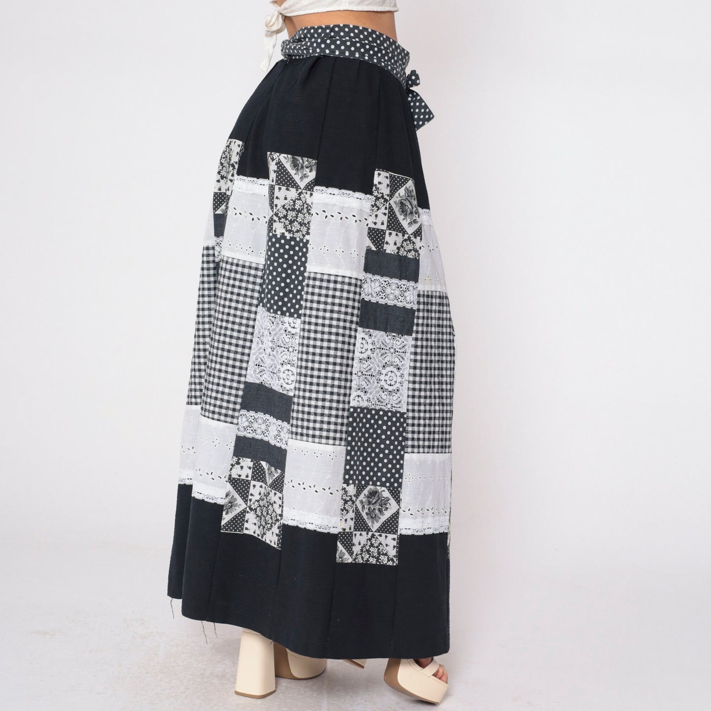 70s Patchwork Wrap Skirt Black White Maxi Eyelet Lace Gingham Polka Dot Medium Large