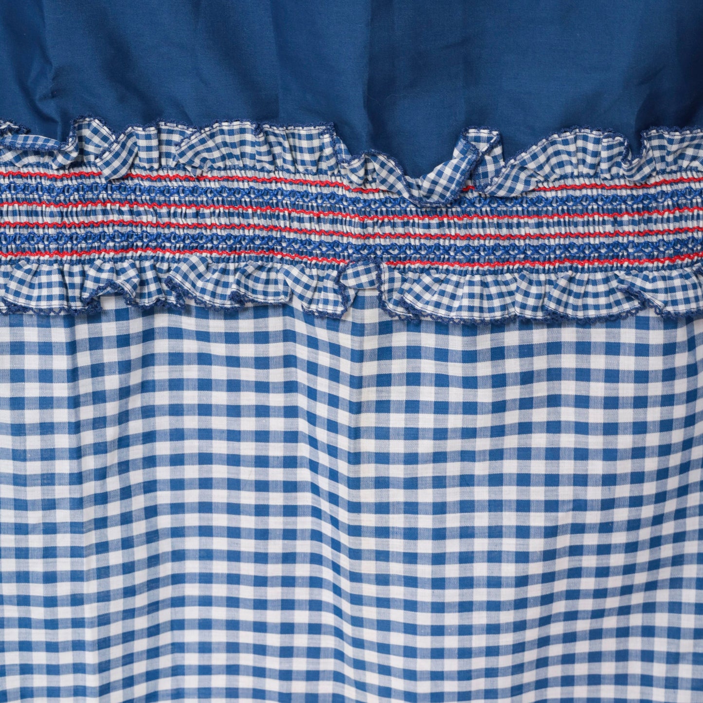 80s Blue Gingham Maxi Skirt High Waist Smocked Ruffled Patchwork Medium Large