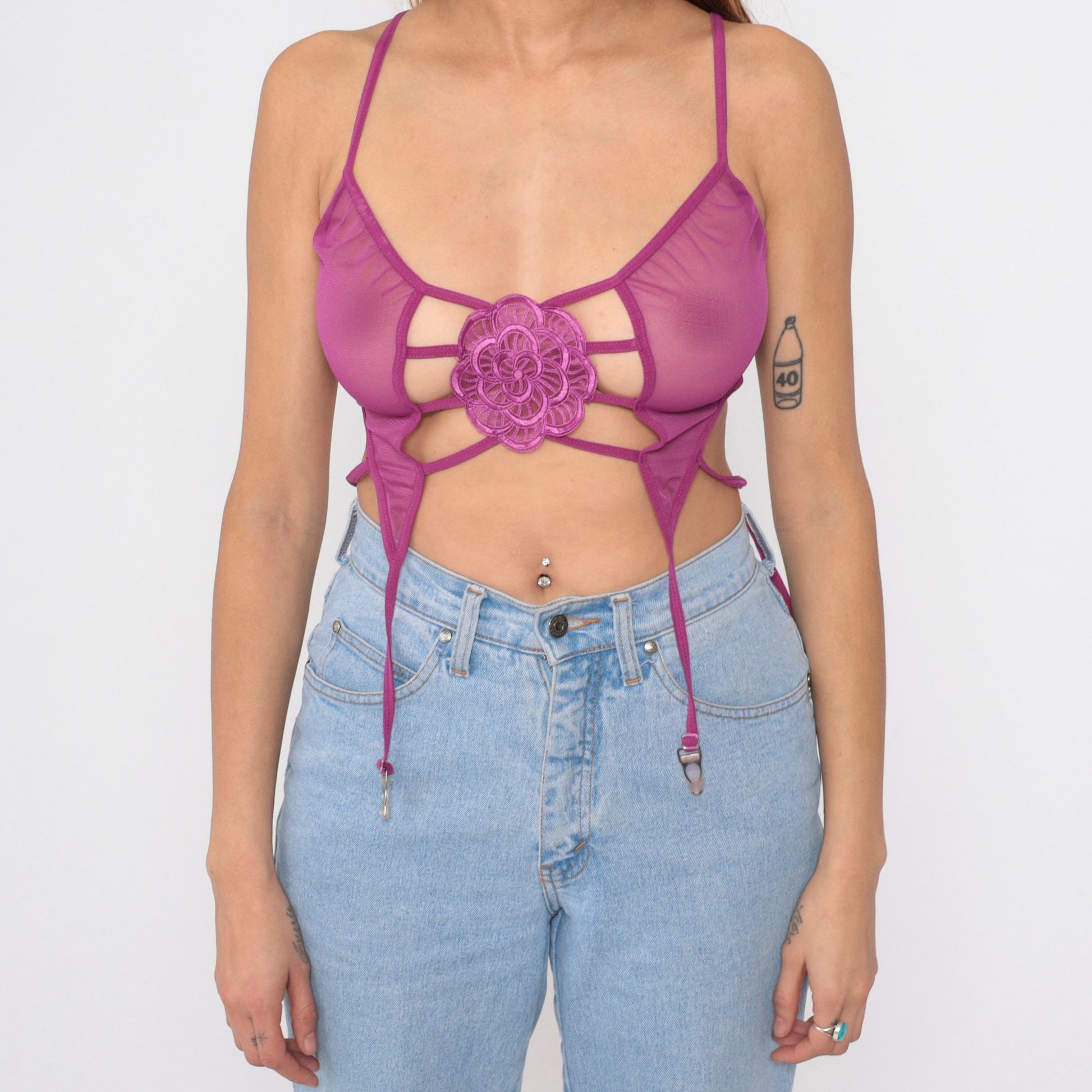 00s Shirley of Hollywood Purple Mesh Bustier Bralette Cage Back Garter Straps Small Medium