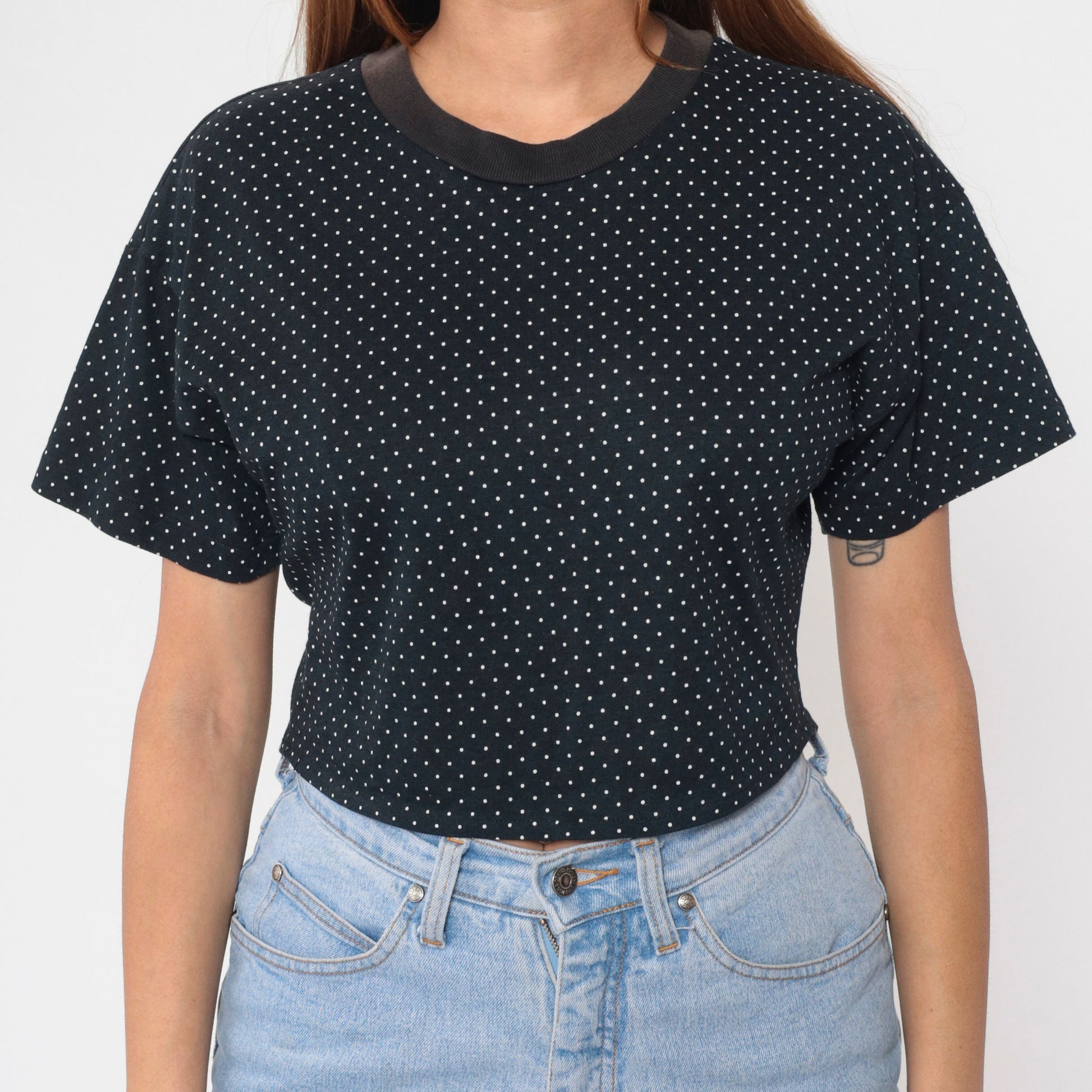 90s Black Polka Dot Crop Top White Print Short Sleeve Baby Tee Large L