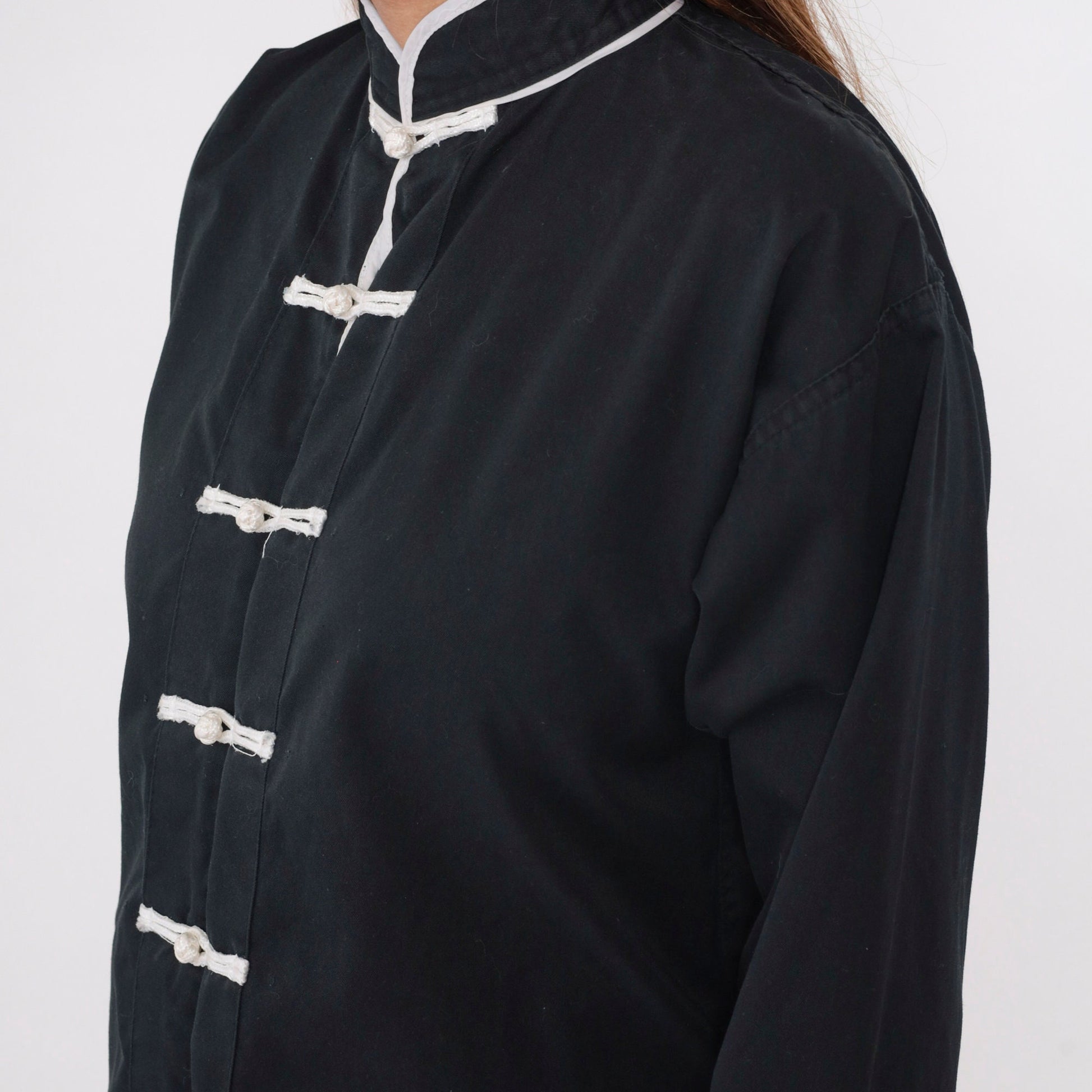 90s Black Button-Up Blouse with White Trim and Frog Knot Closure Small S