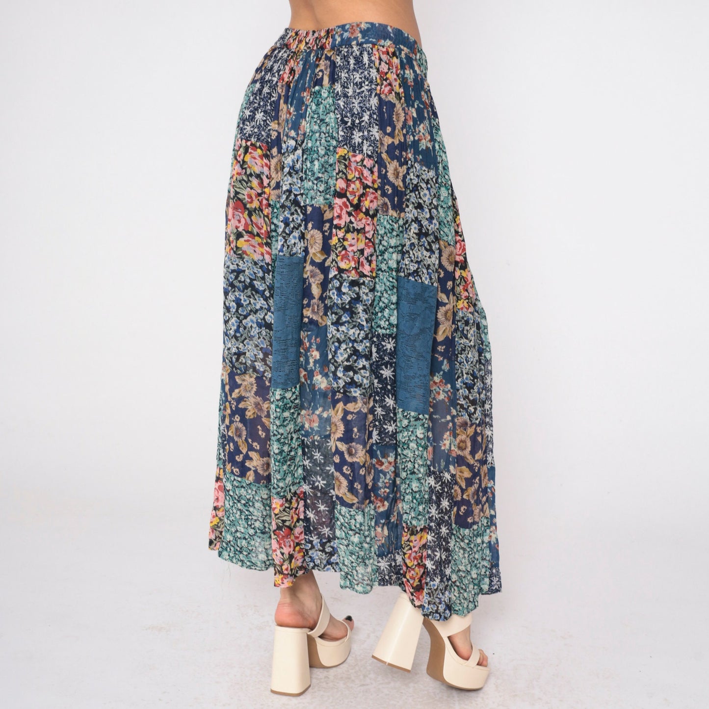 90s Patchwork Floral Maxi Skirt Blue Drawstring Rayon Medium M