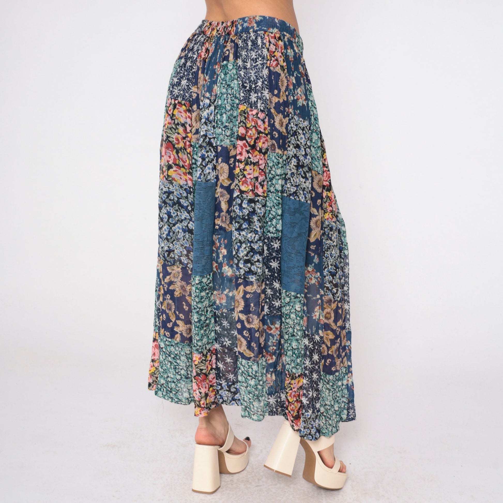 90s Patchwork Floral Maxi Skirt Blue Drawstring Rayon Medium M