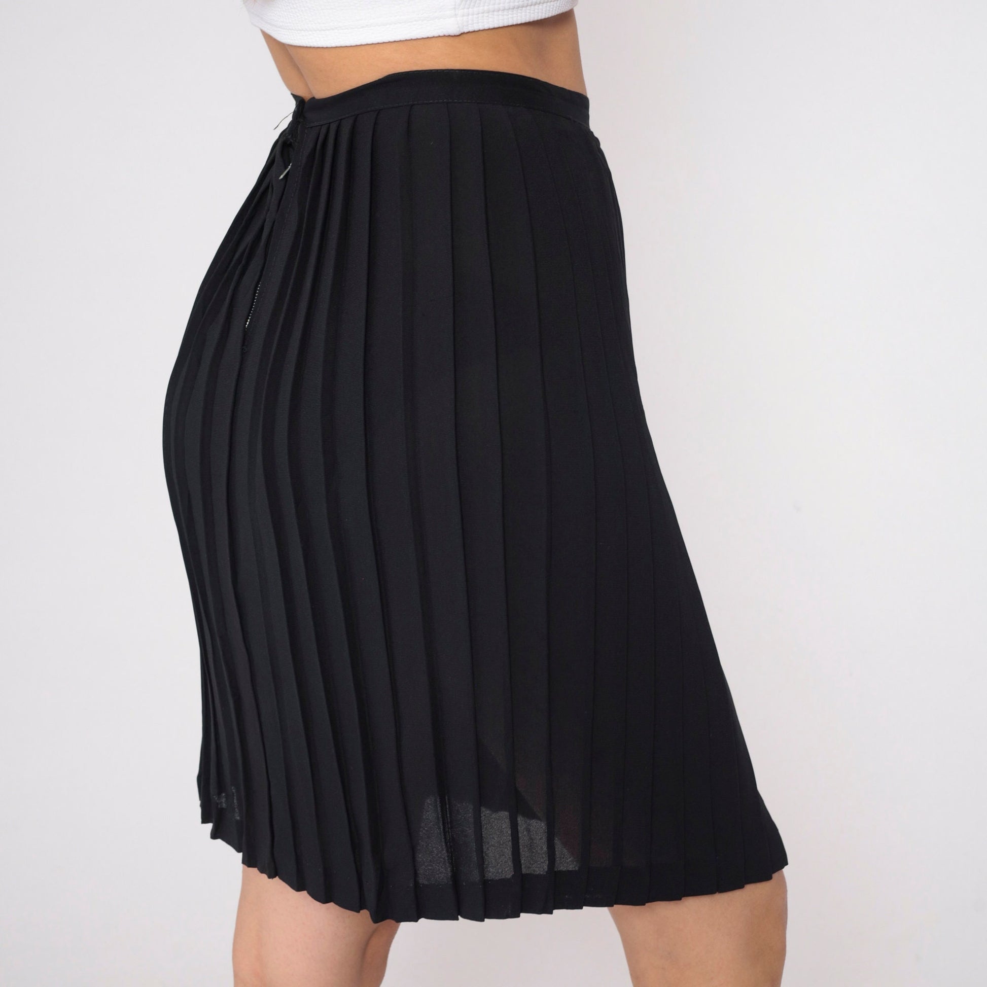 60s Black Pleated Mini Skirt High Waist Semi-Sheer Extra Small XS