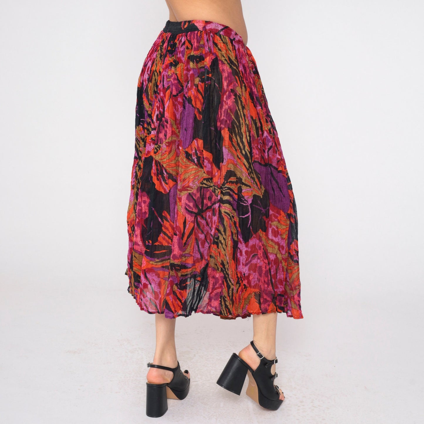 90s Floral Broomstick Midi Skirt Pleated Drawstring Waist Black Purple Red Orange Extra Large
