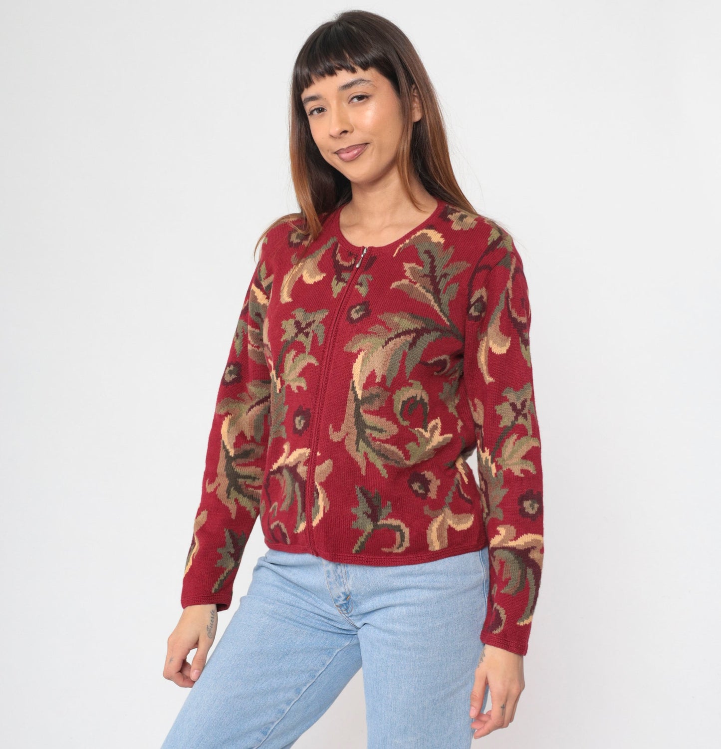 00s Talbots Leaf Print Cardigan Red Cotton Ramie Zip Knit Small S