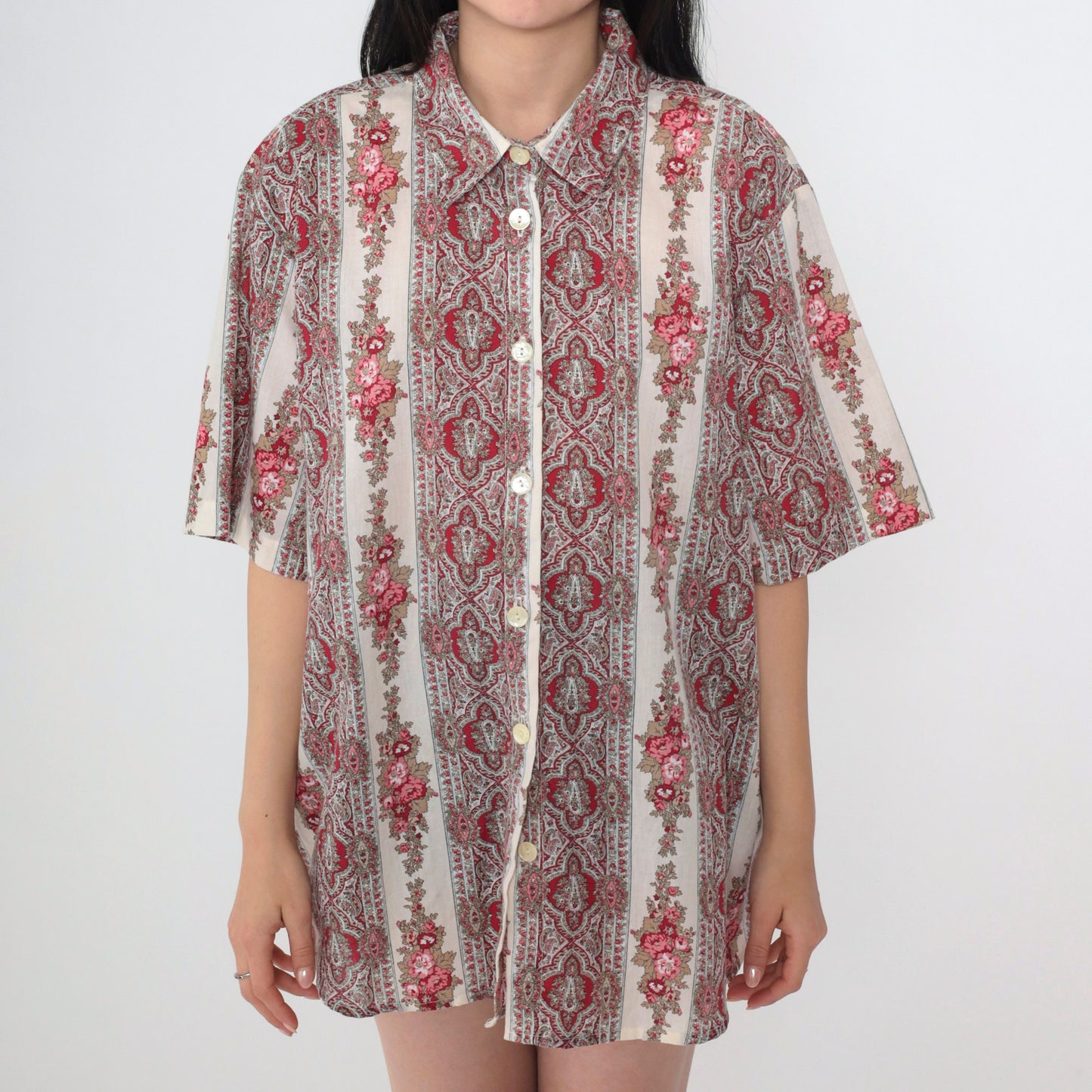 90s Paisley Floral Button-Up Blouse Off-White Short Sleeve Plus Size 1X