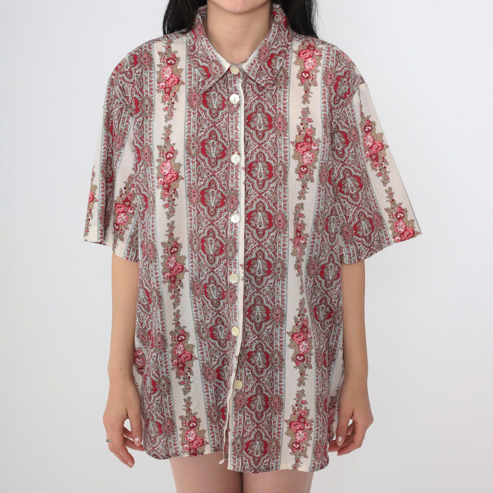 90s Paisley Floral Button-Up Blouse Off-White Short Sleeve Plus Size 1X
