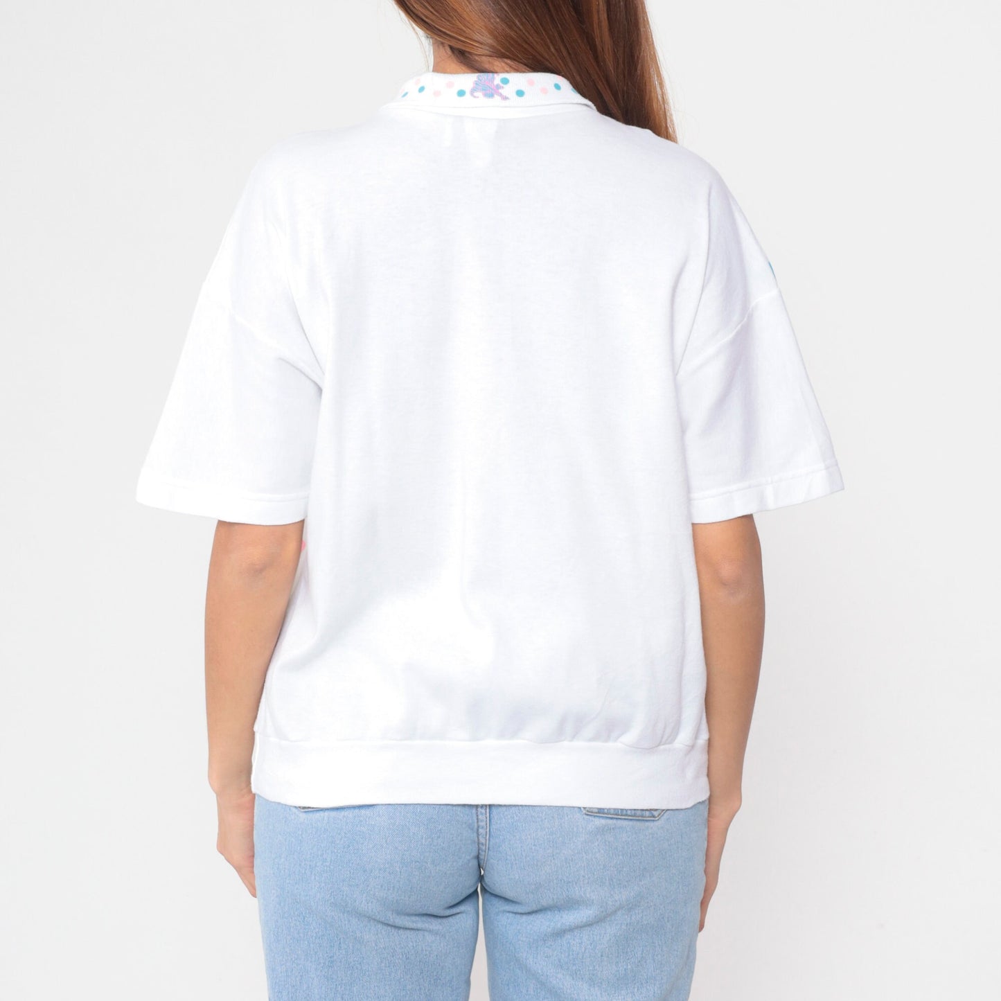 90s White Floral Collared Blouse Abstract Lily Print Short Sleeve Banded Hem Large L