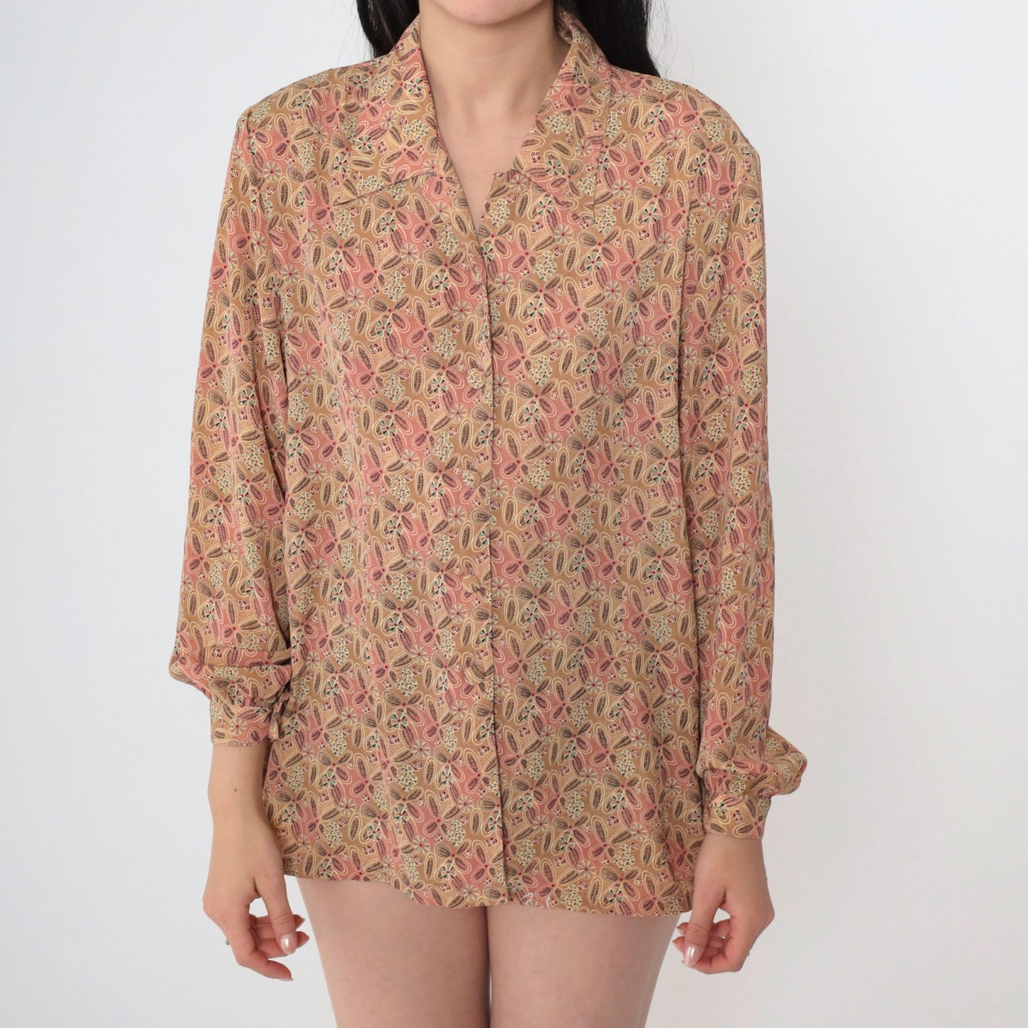 90s Tan Floral Abstract Button-Up Blouse Pink Pointed Collar Long Sleeve Medium