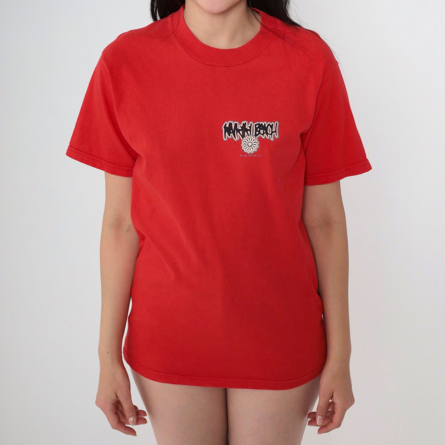 00s Waikiki Beach Hawaii Graphic T-Shirt Red Cotton Tee Small S