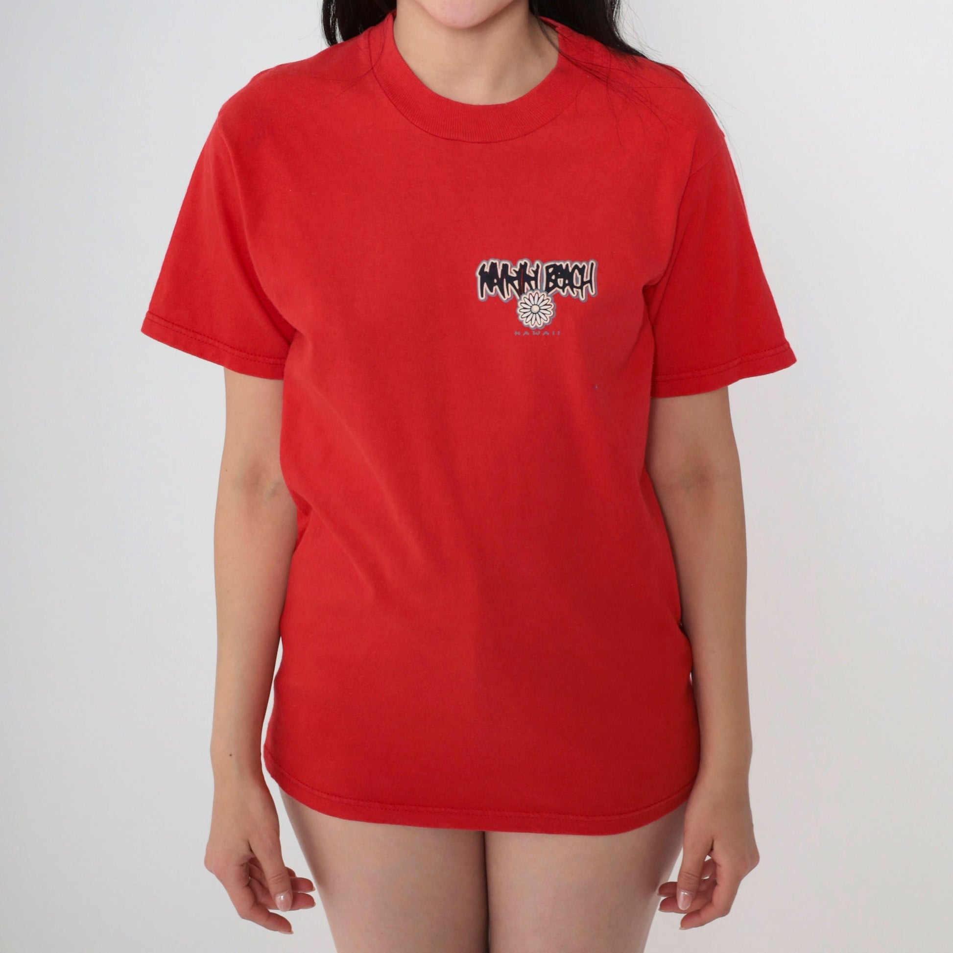 00s Waikiki Beach Hawaii Graphic T-Shirt Red Cotton Tee Small S