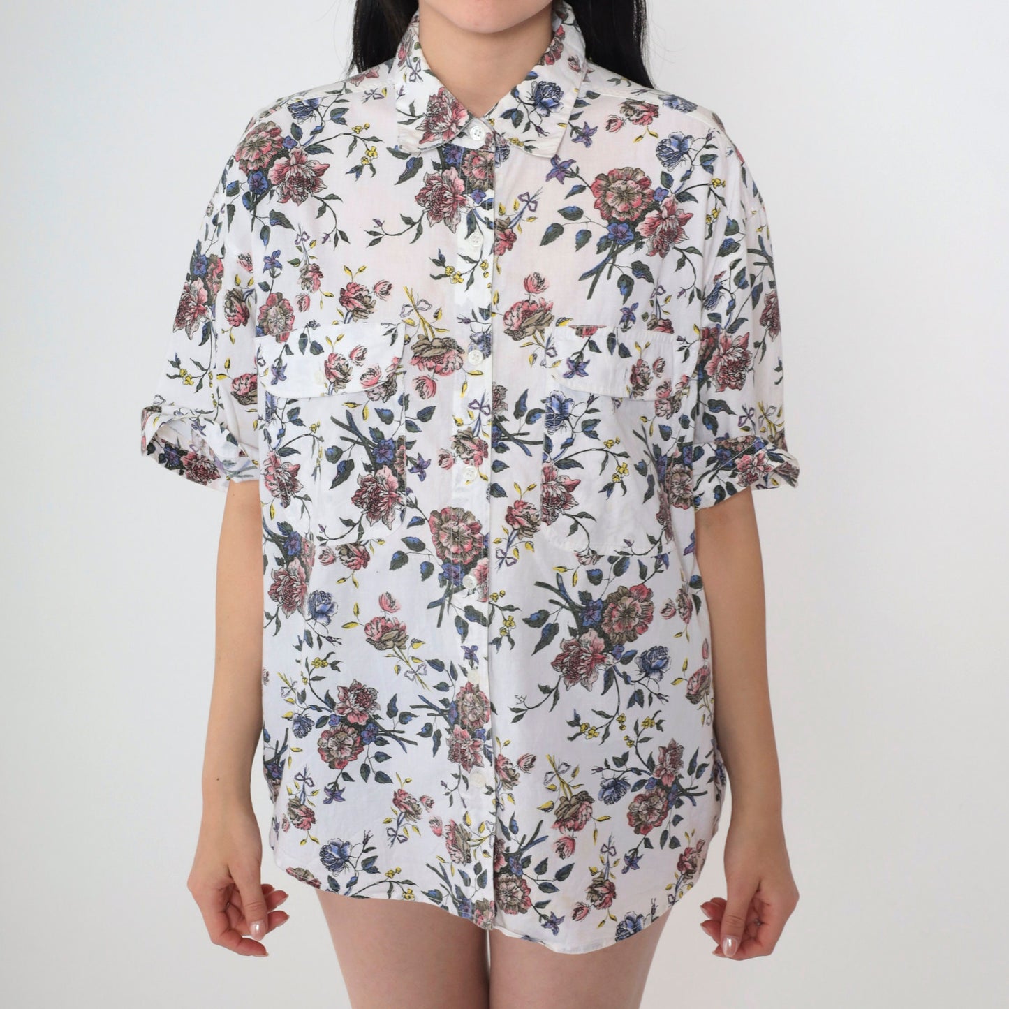 90s Bill Blass Floral Button-Up Blouse Cotton Short Sleeve White Pink Purple Medium