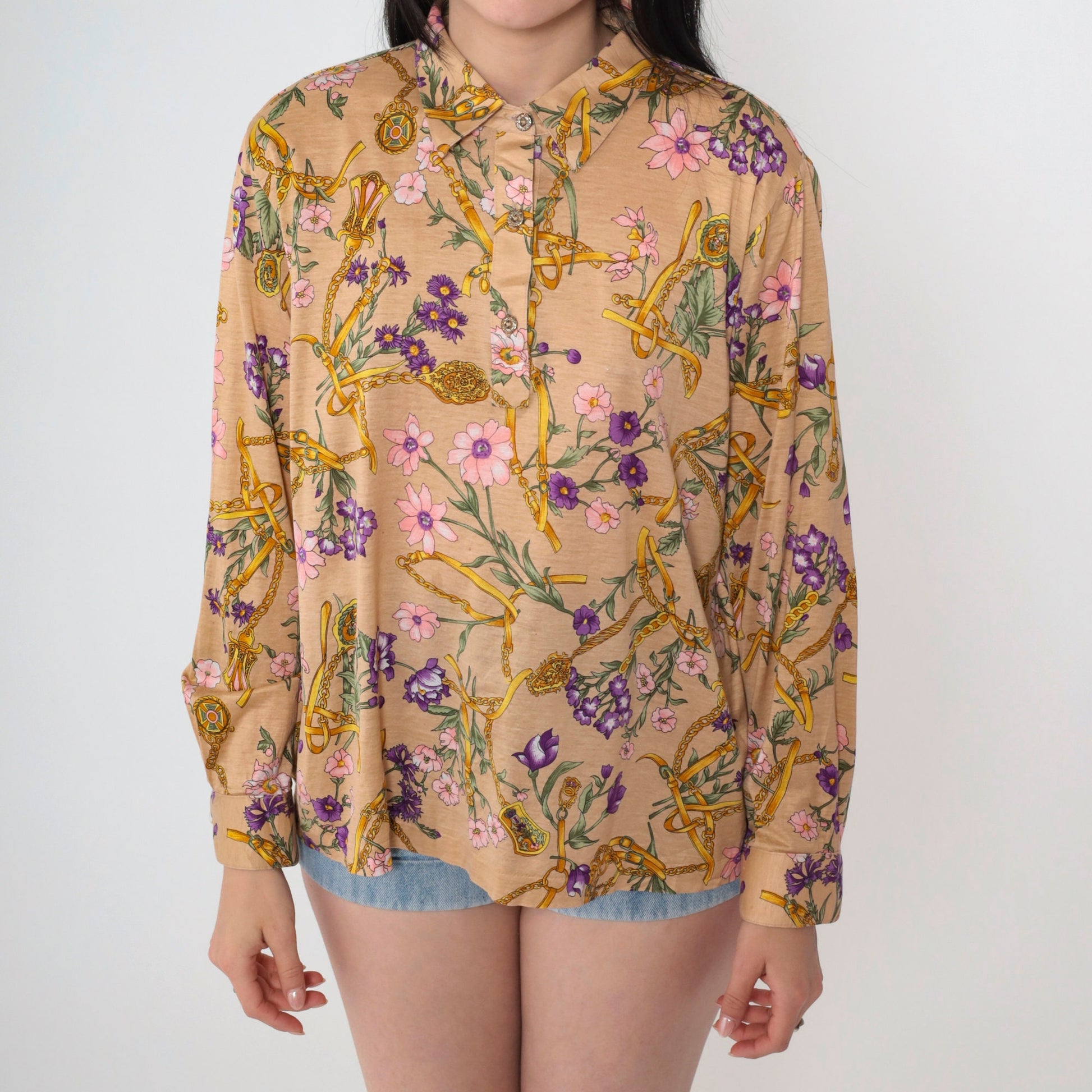 00s Baroque Floral Button-Up Blouse Tan Long Sleeve Collared Shirt Large L