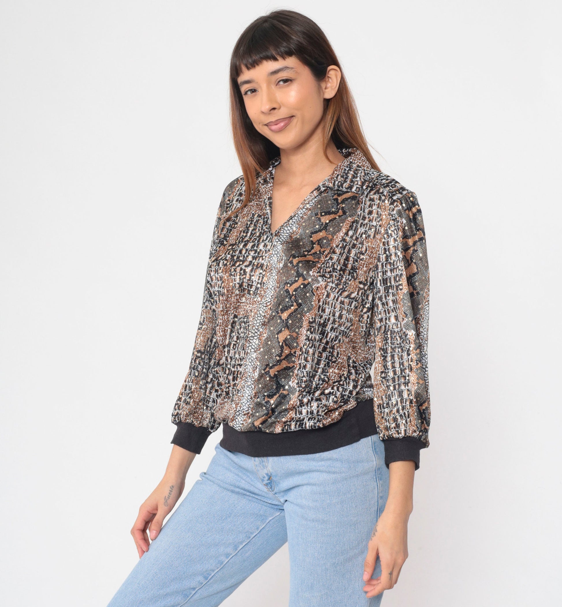 80s Snakeskin Print Blouse Collared V-Neck 3/4 Sleeve Banded Hem Large L