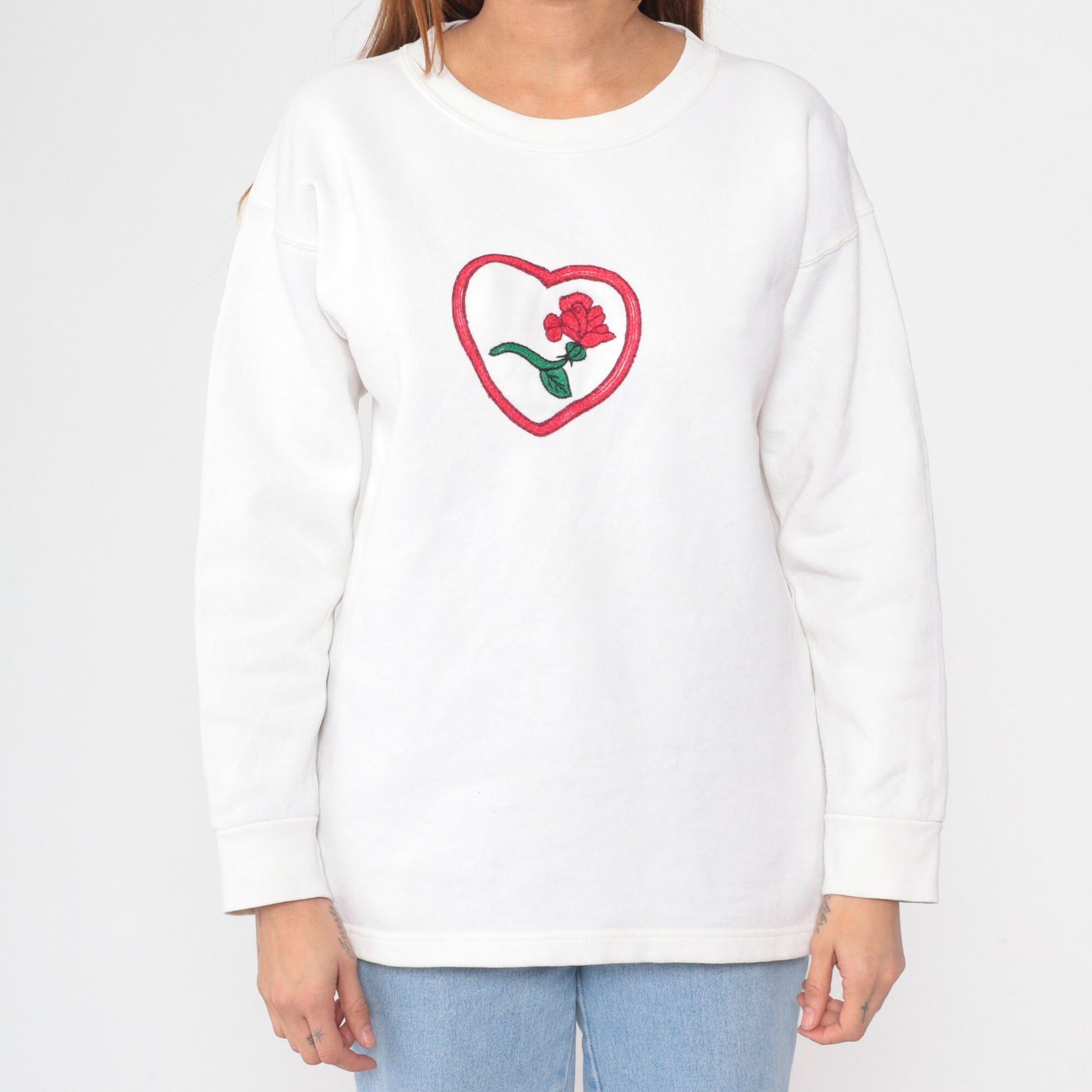 80s Heart Rose Embroidered Long Sleeve Shirt White Floral Top Large