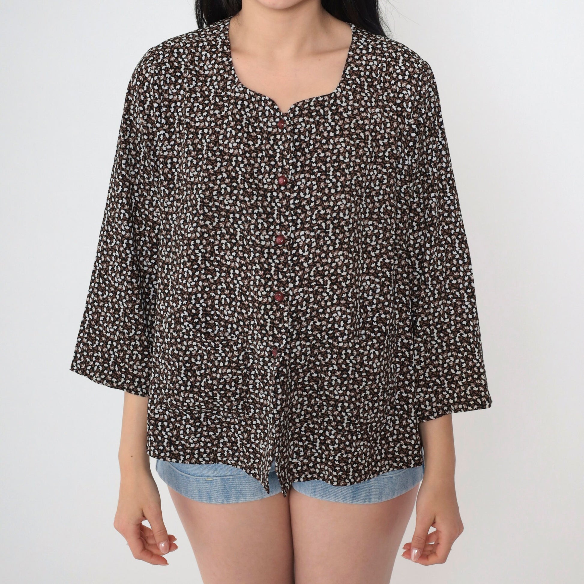 90s Calico Floral Button Up Blouse Black White Brown Ditsy Print 3/4 Sleeve Medium M